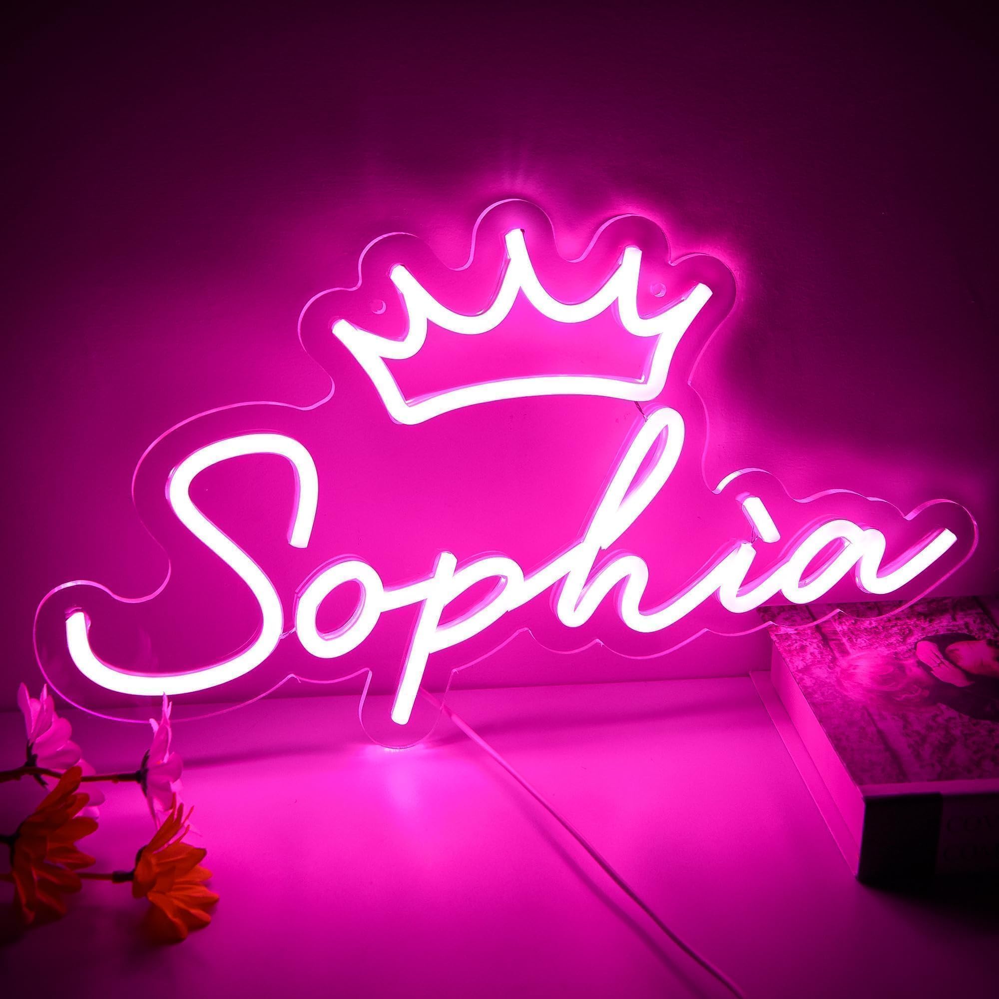 attneon Large Sophia Neon Sign, Pink LED Wall Decor, 16.1x9.1 inch Acrylic, Model JTLD500
