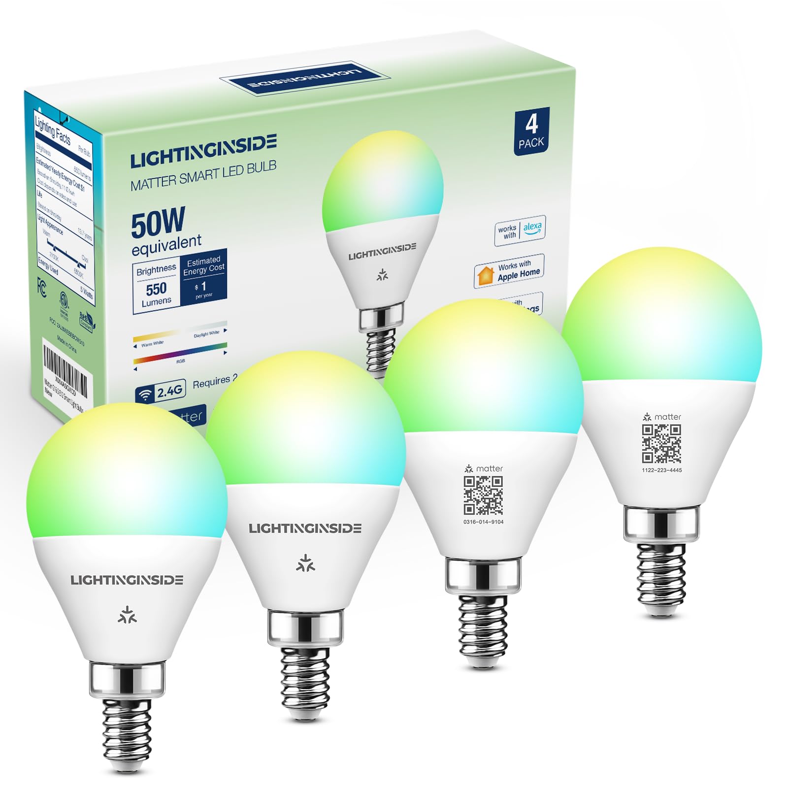 Lightinginside Matter E12 Smart Light Bulbs 50W Equivalent, Compatible With Alexa/Siri/Apple Home/Google Home/Smartthings, Rgbcw