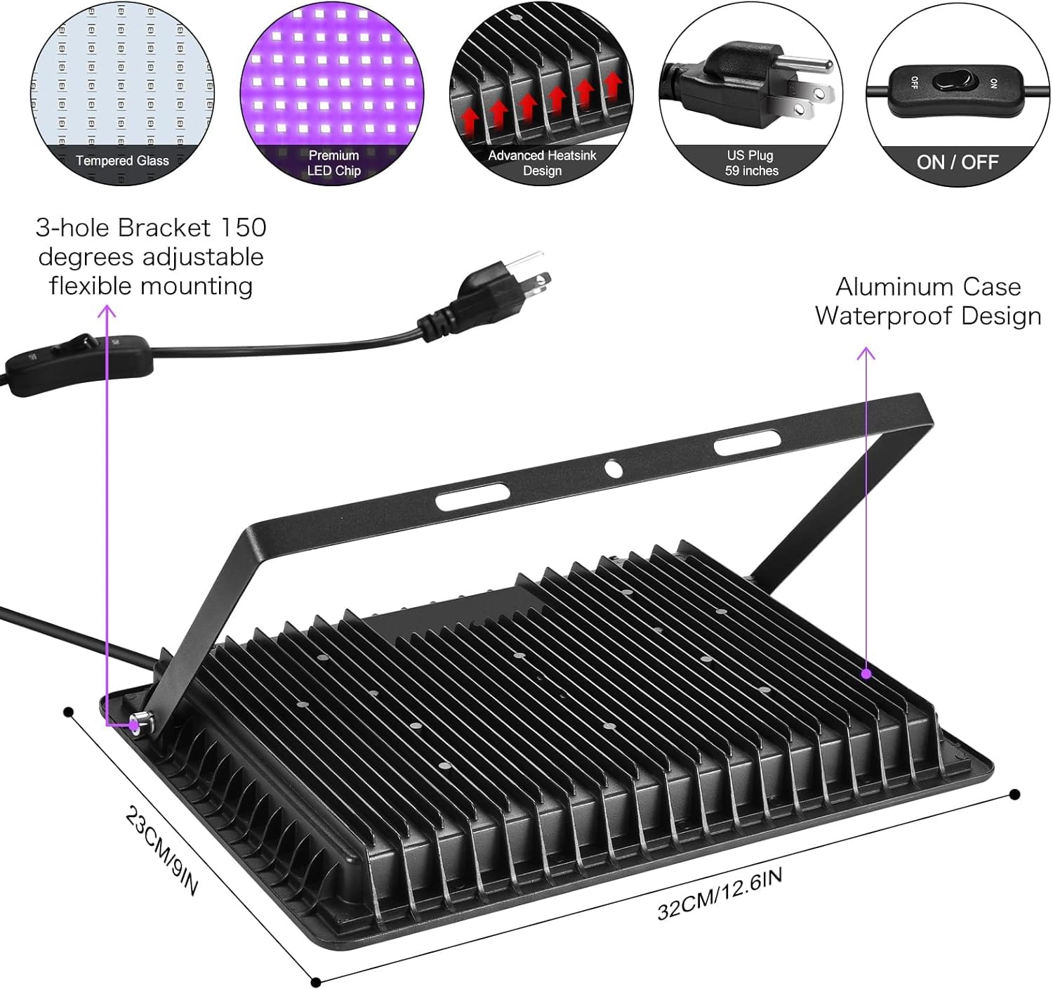 XYCN 250W LED Flood Black Lights - 2 Pack, IP66 Waterproof, Perfect for Glow Parties, Body Paint, and Stage Lighting
