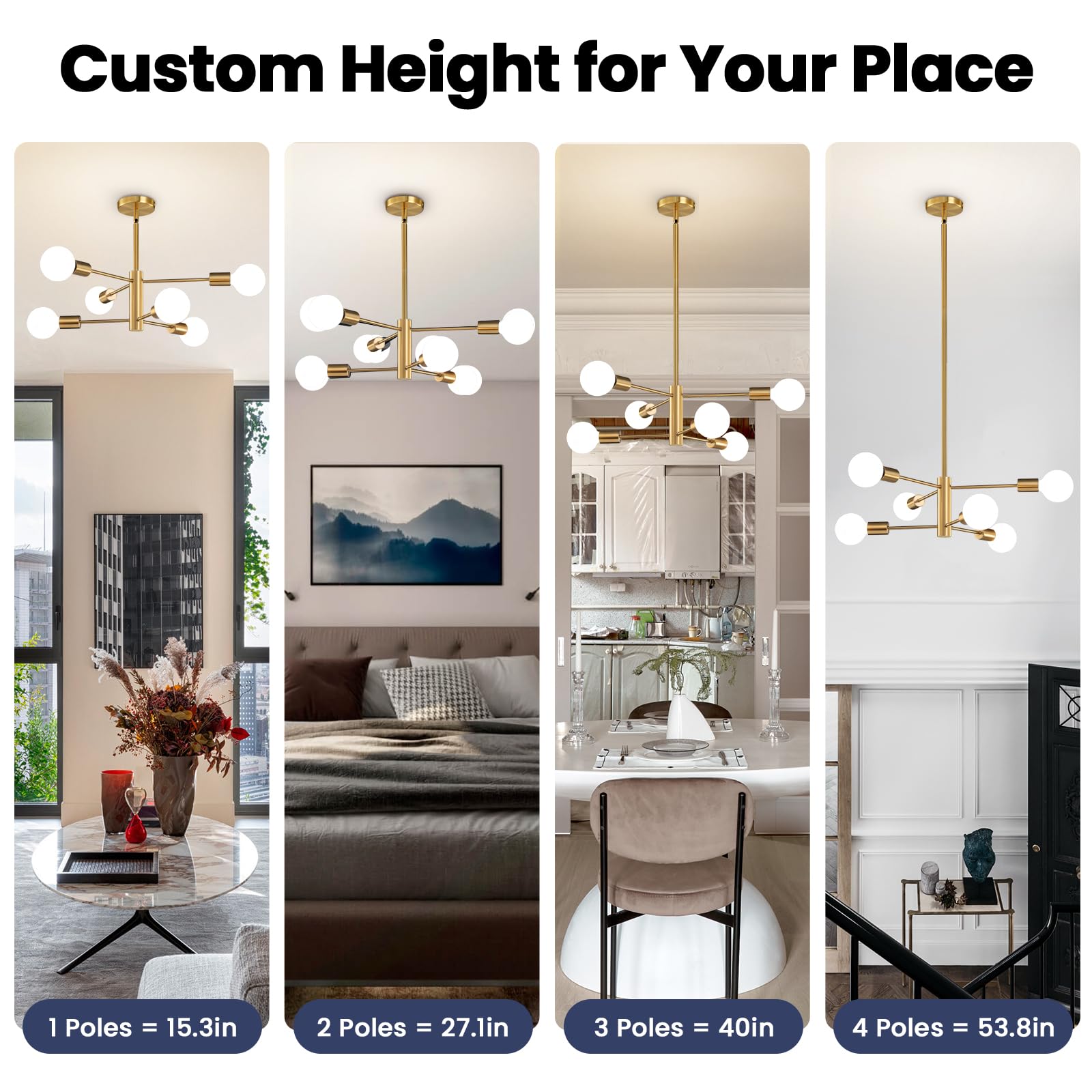 RUIYEY Modern Sputnik 6-Light Gold Chandelier, Adjustable Hanging Pendant Lighting for Dining Room and Entryway