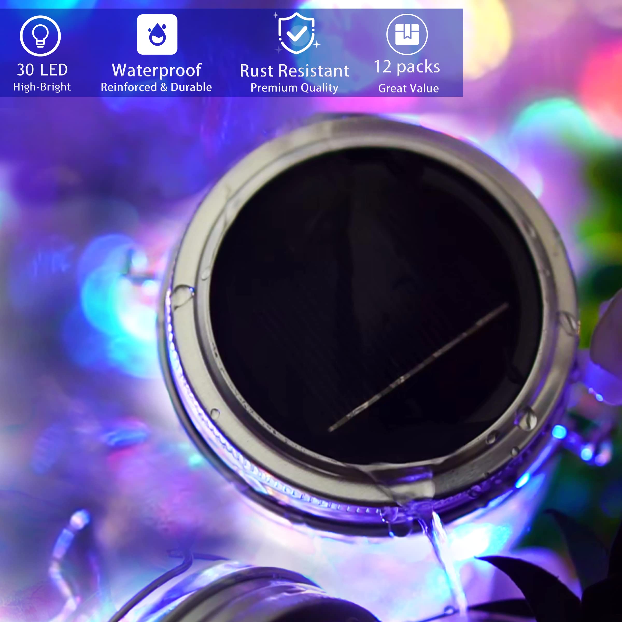 Sunkite Solar Mason Jar Lights, 12 Pack 30 Led Waterproof Fairy Firefly Jar Lids String Lights With Hangers(No Jars), Patio Yard