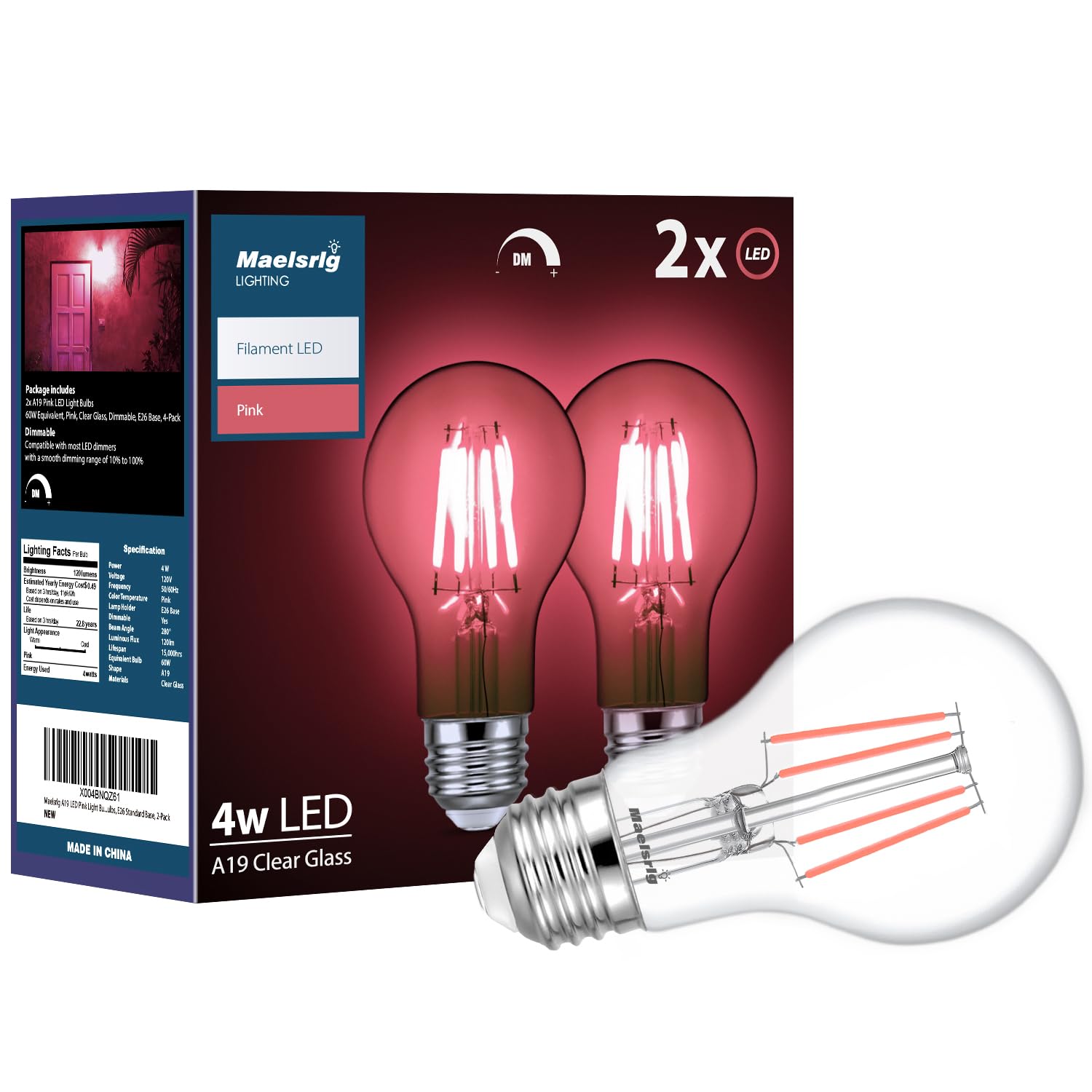 Maelsrlg Pink Light Bulb, 4 Watts, A19 Colored Led Filament Bulbs, Clear Glass, 120 Volts, Dimmable, E26 Base, 2-Pack