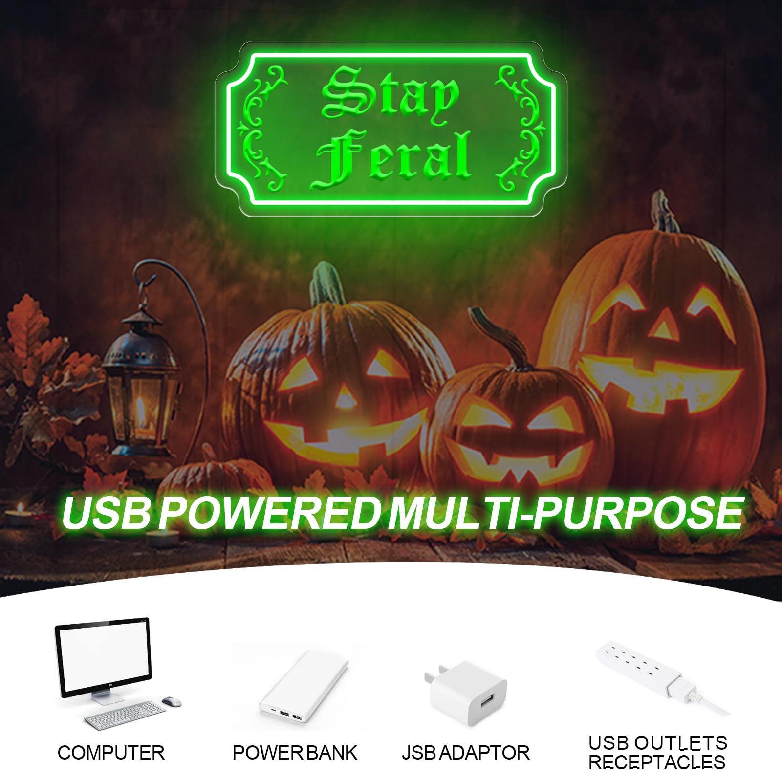 Stay Feral Neon Sign Gothic Decor Led Light Goth Lover Gift Halloween Decoration Bat Neon Sign Decor Ghost Spooky Wall Art  15.7X7.9  Green