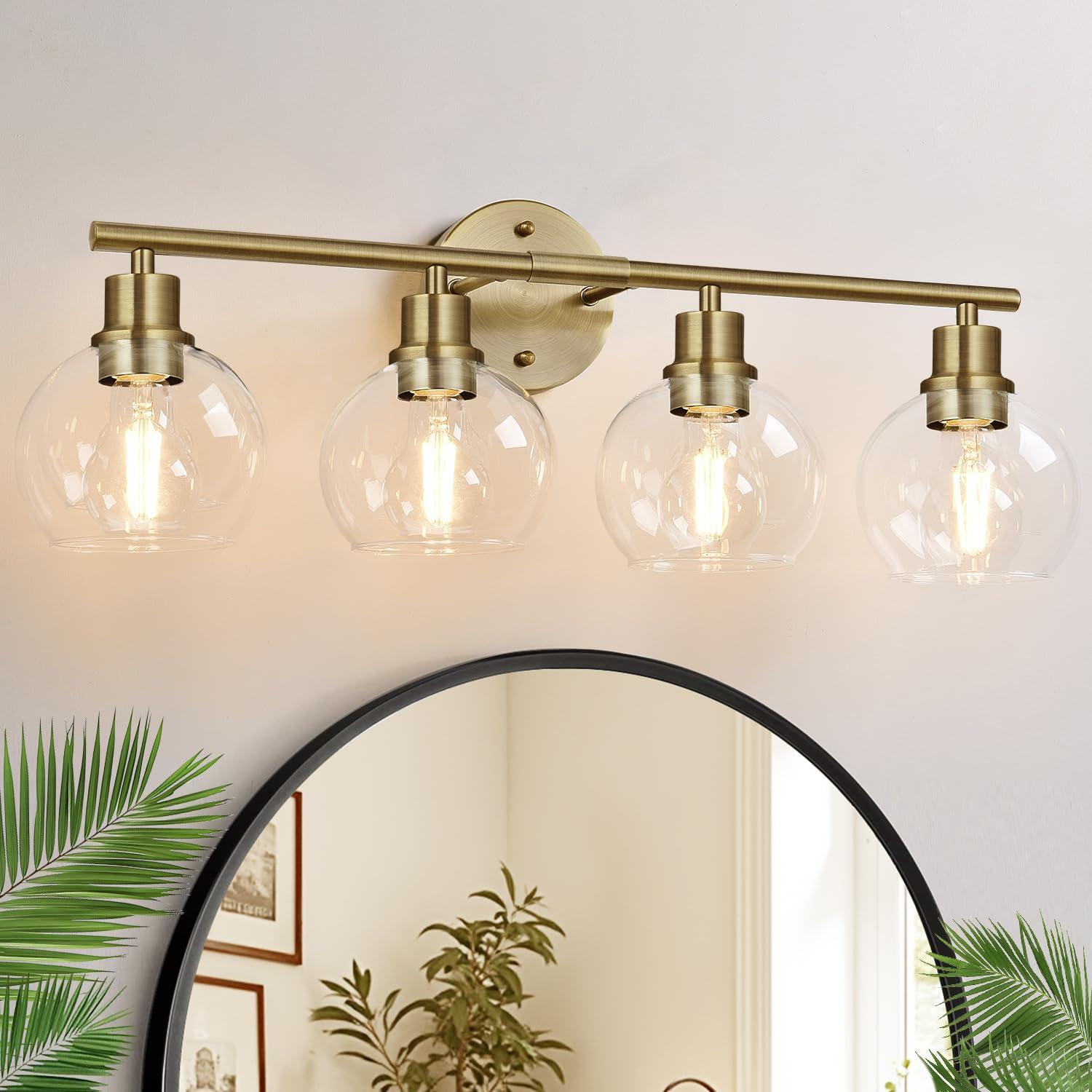 2024 Upgrade 4-Light Bathroom Light Fixtures, Brushed Brass Bathroom Lights Over Mirror With Clear Glass Globe Shade, Vanity Lig