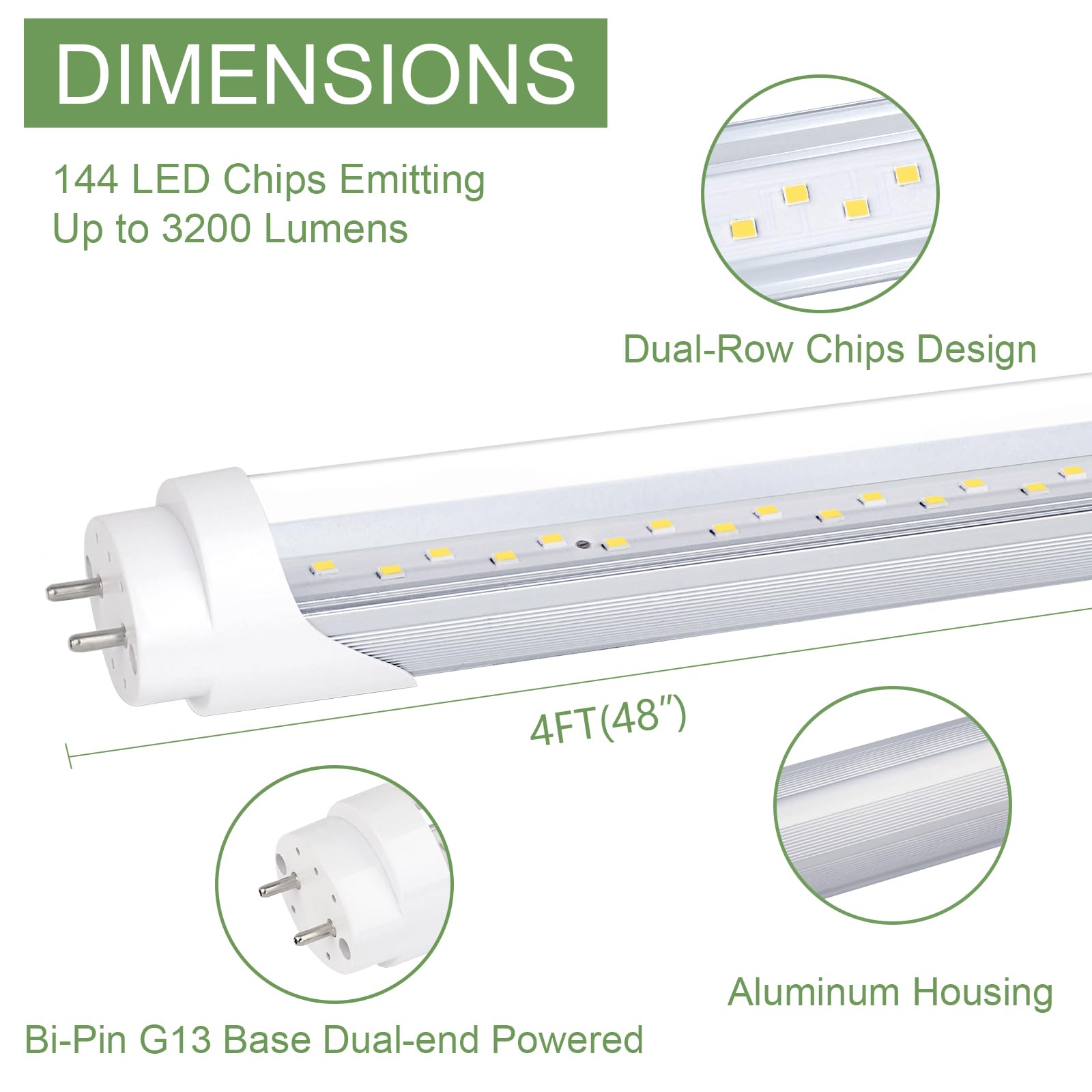 Nimgoti 25-Pack T8 LED Bulbs, 4ft 24W 3200LM 5000K Daylight, Ballast Bypass, G13 Base, Clear