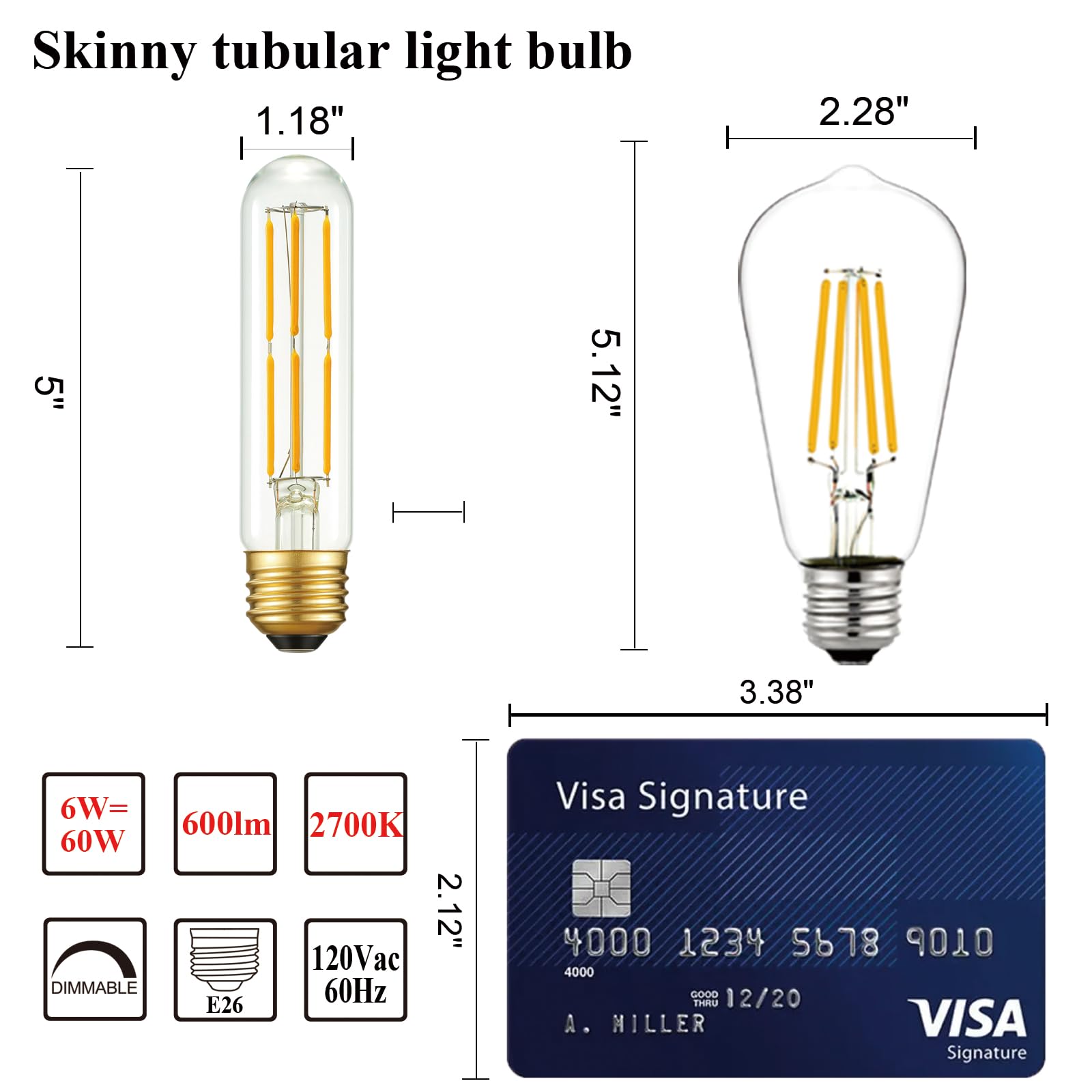 Arberlic 5 Inch T10 Led Bulb,6W Tubular Light Bulb Equivalent E26 Led Bulb 60 Watt Dimmable,Warm White 2700K,600Lm,Cri85+,Ac120V