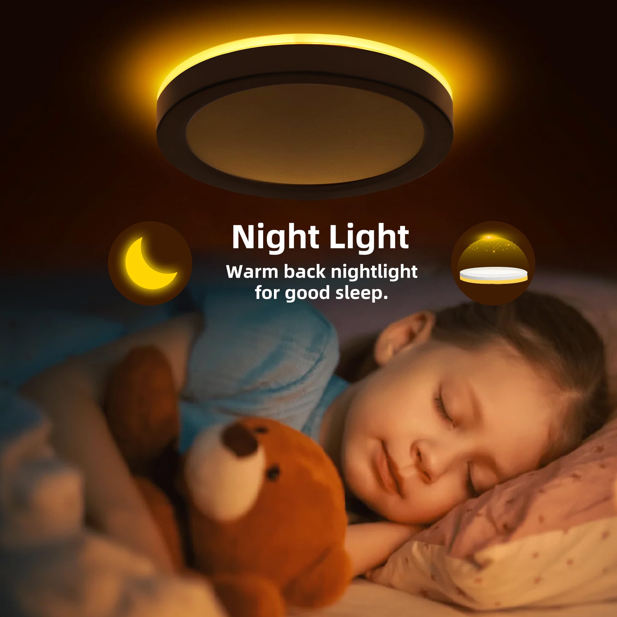 Hlite 7.5 Inch Flush Mount Led Ceiling Light With Night Light, Cri90, 15W, 1500 Lm, 3000K/4000K/5000K Selectable, Flat Round Led