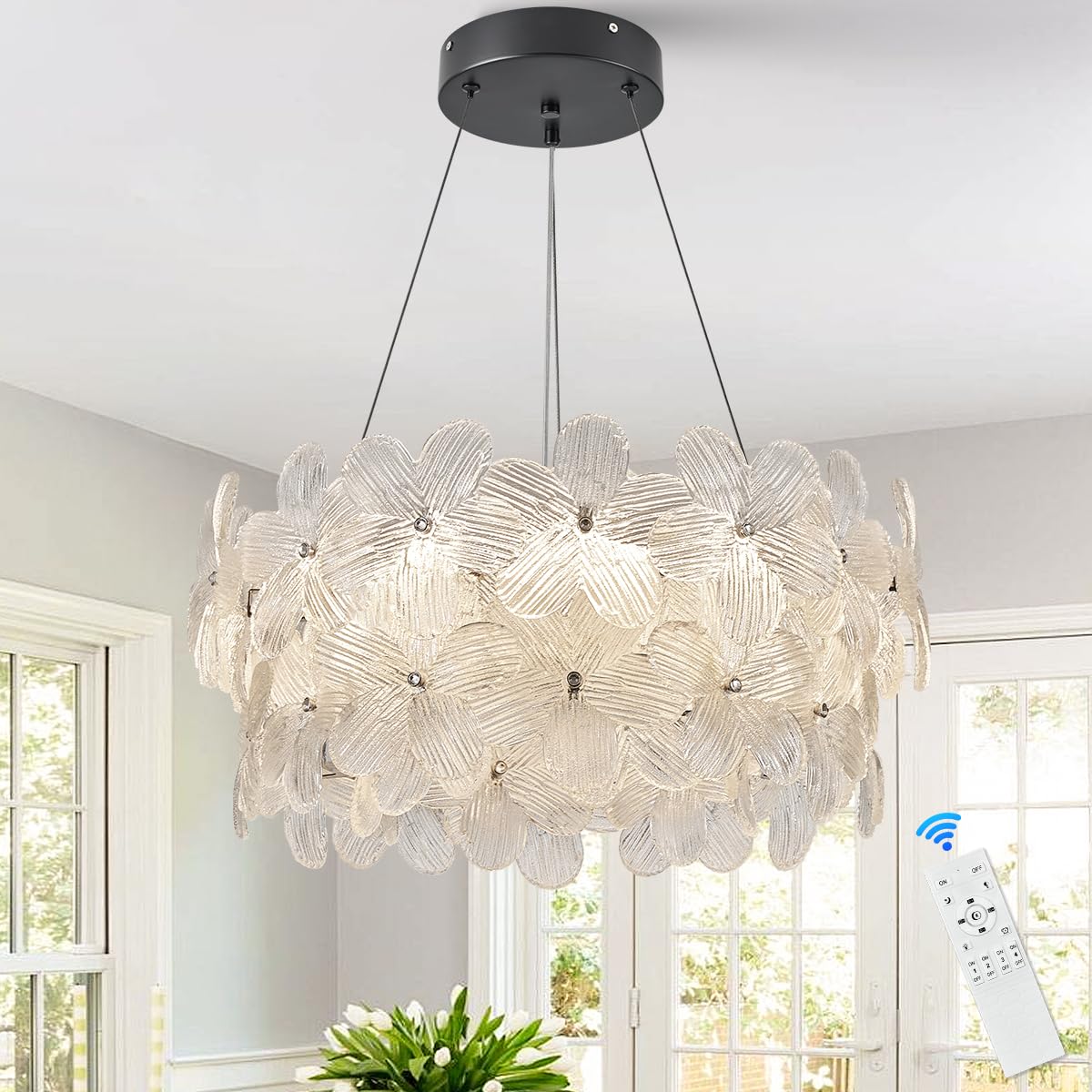 Poemoon Flower LED Crystal Chandelier 20'' Modern Black Flush Mount Dimmable Chandelier Light Fixture with Remote Control for Di