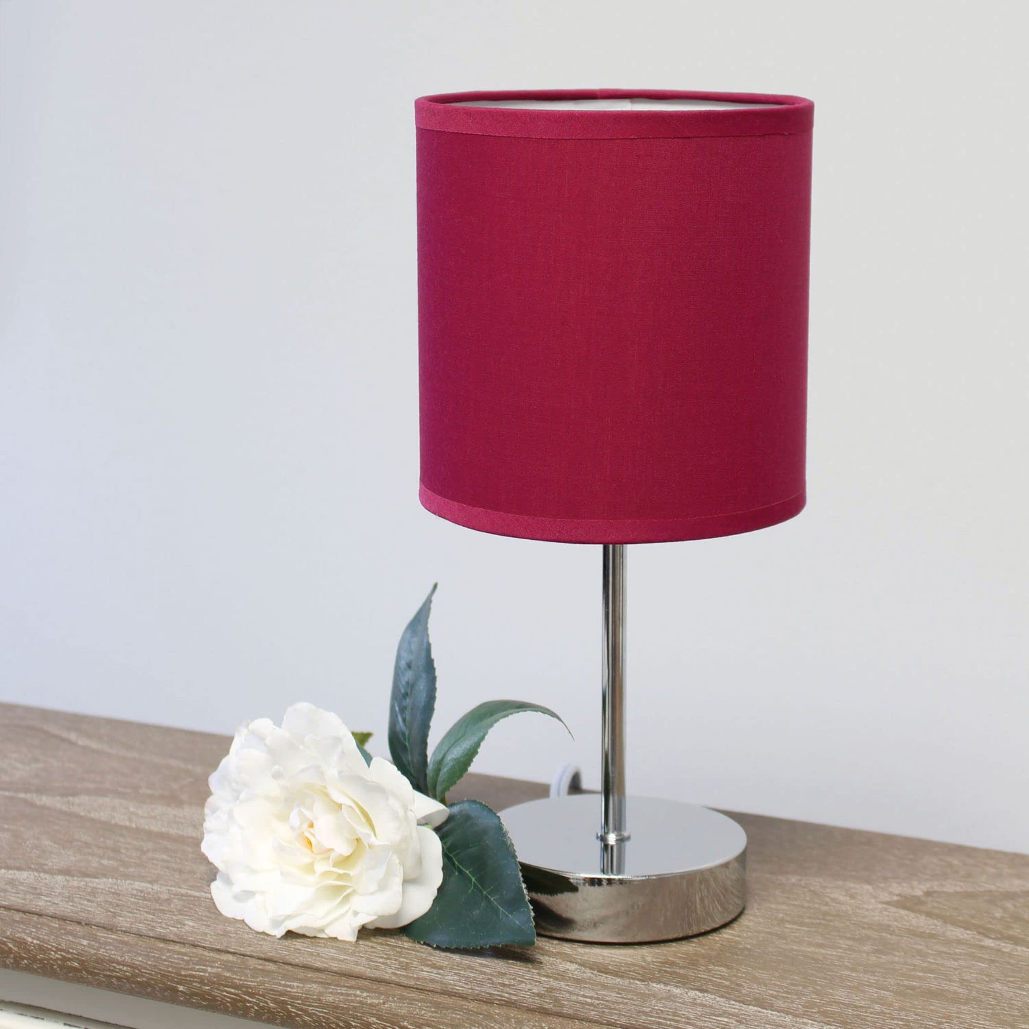 Simple Designs Lt2007-Wne Chrome Mini Basic Table Stick Lamp With Fabric Shade, Wine