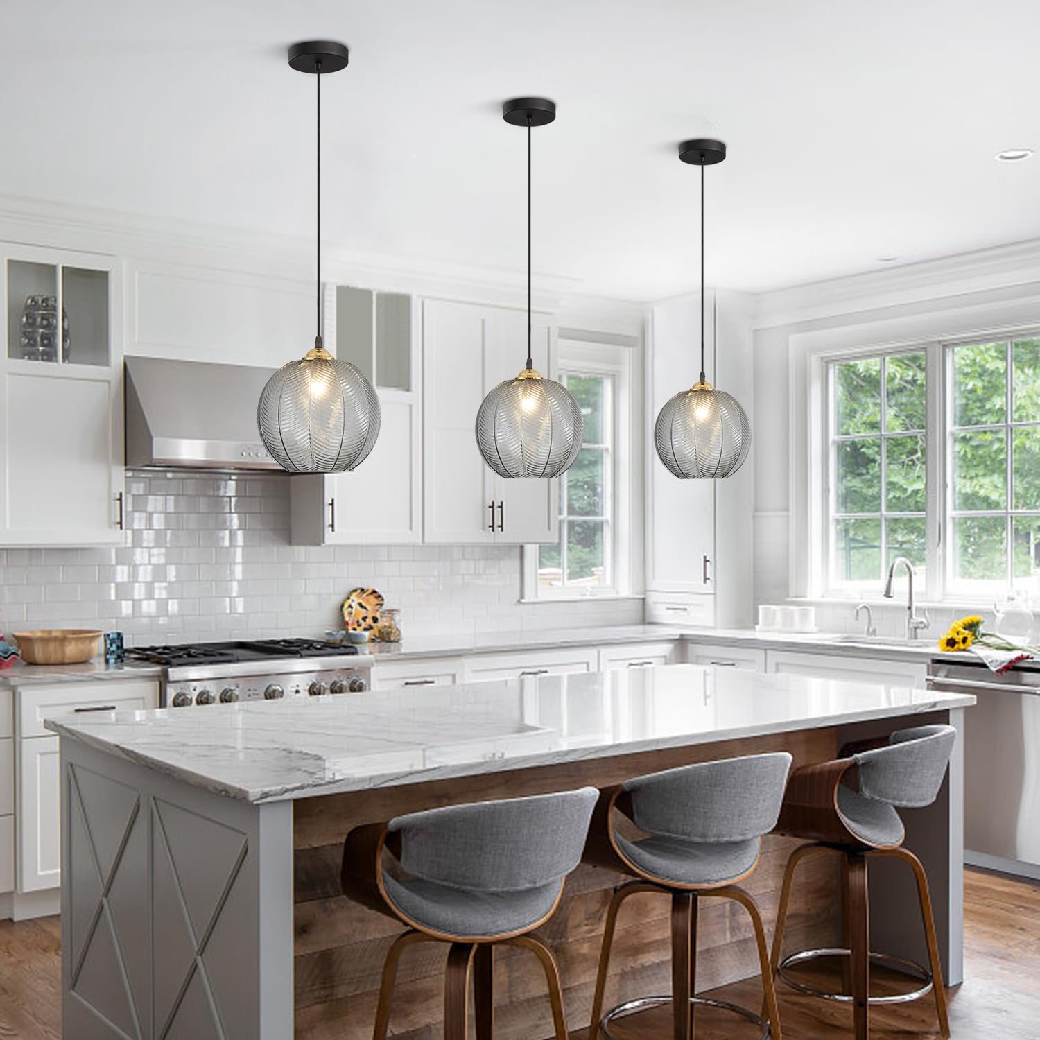 KCO Lighting Modern Pendant Light - Smoke Gray Glass, Adjustable, Large Globe - Model L1146-SG