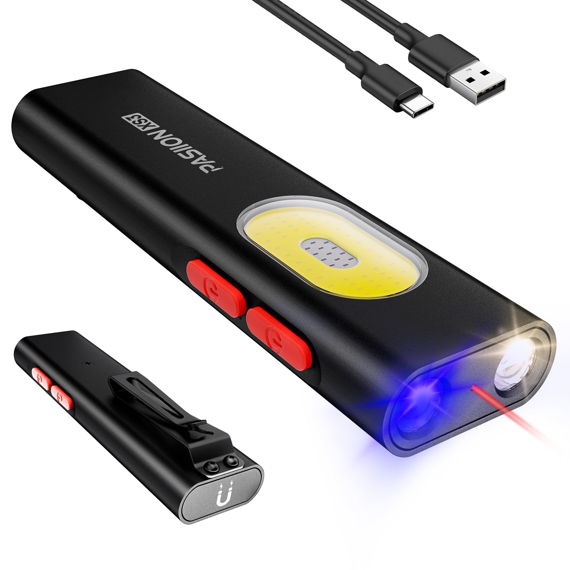 PASIION EDC Flashlight 1400 Lumens, USB-C Charging, Magnetic Base, Black, X-Large, Model ESEN389