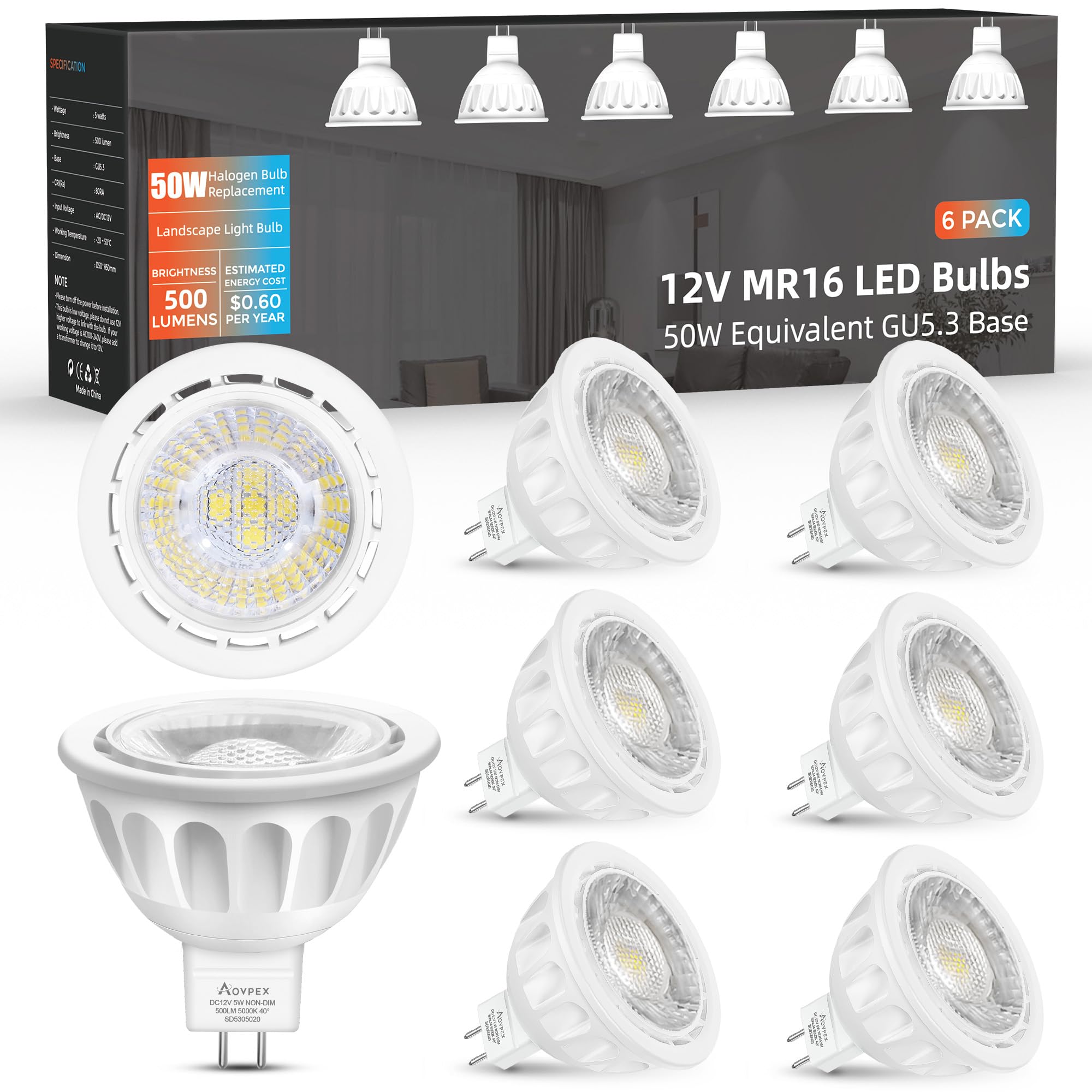 Aovpex Mr16 Led Bulbs 50W Halogen Equivalent Landscape Light Bulbs, 5000K Daylight White 5W Gu5.3 Mr16 12V Spotlight Bulb, Not D