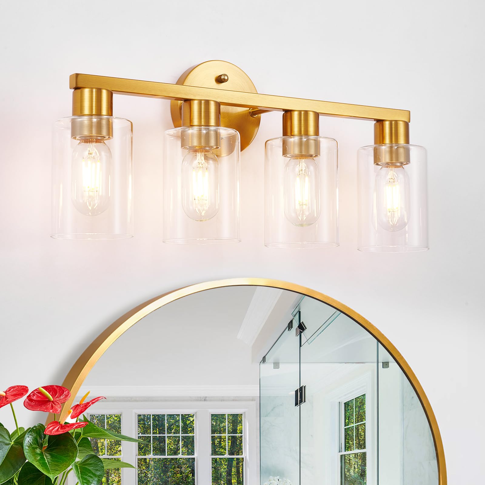 Hdasic 4 Light Gold Bathroom Vanity Light  Brushed Brass Bathroom Light Fixtures With Clear Glass Shade  Modern Wall Lamp Sconce Lighting For Bath Mirror Bedroom Living Room Hallway Porch