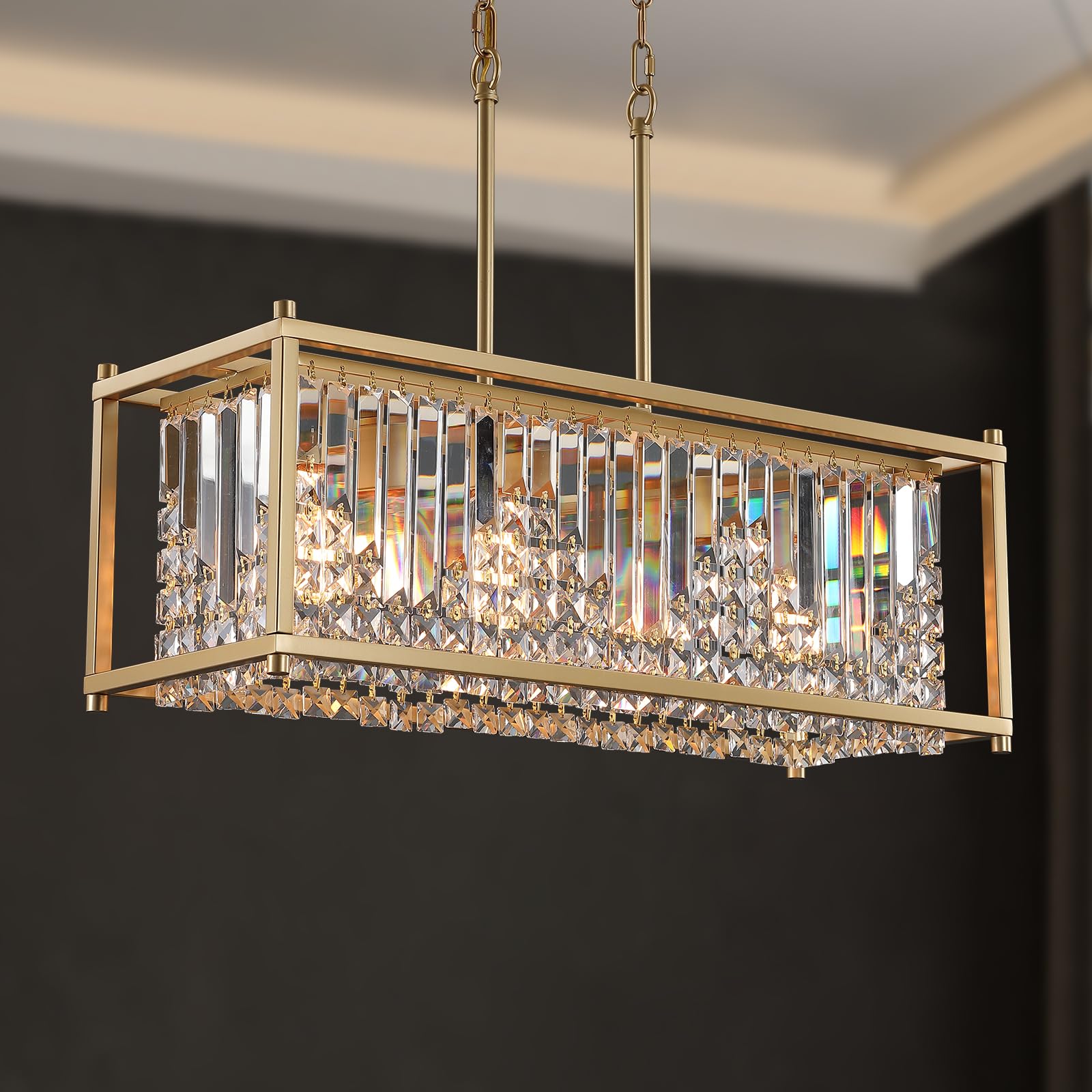 Q&S Gold Modern Chandelier, 4-Light Rectangle Crystal Fixture for Dining Room, Kitchen, Living Room, Office, Model P2016-4B-GD