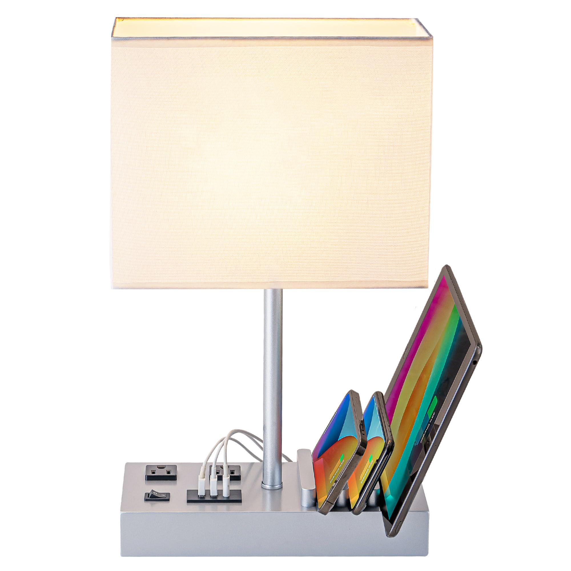 Dreamholder Bedside Table Lamp with 3 USB Ports, 2 AC Outlets, Silver Wood Base