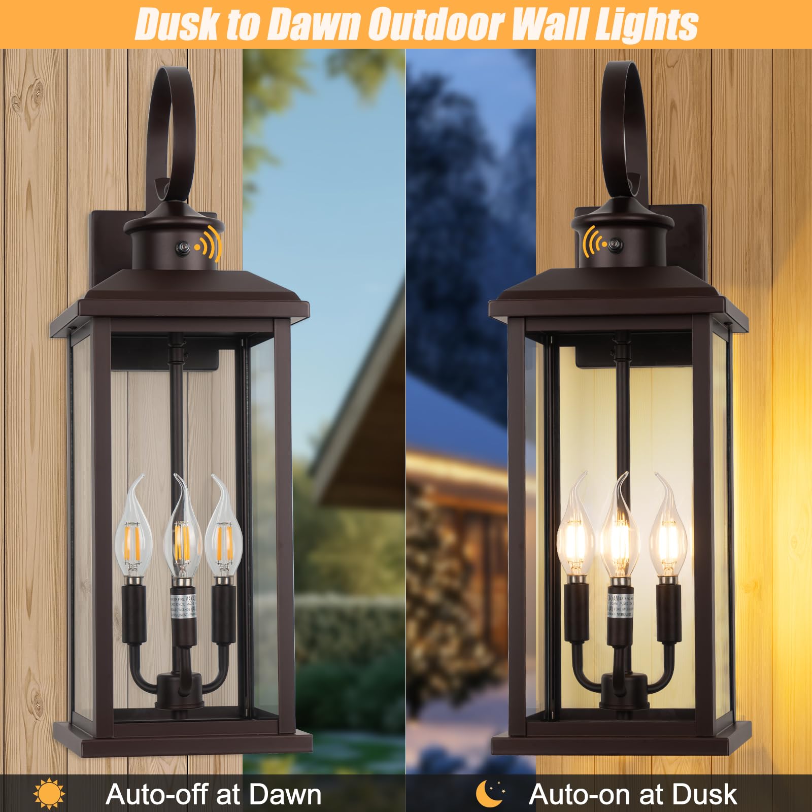 Siafavoi 24 Dusk To Dawn Outdoor Wall Sconce: Bronze Large Porch Light 3-Light Waterproof Modern Exterior Lighting Fixture Wall Mounted  Outside Lamp For House Garage E12