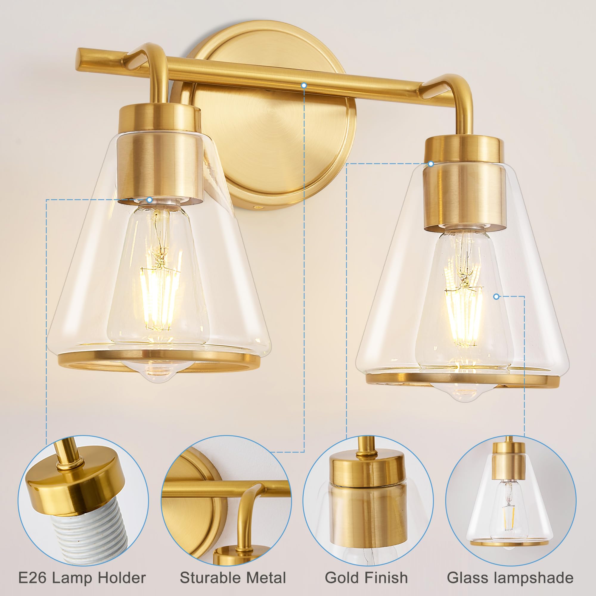 Nadosa Bathroom Light Fixtures Over Mirror Gold Vanity Light 2-Lights With Clear Glass Shade 14 Inch Modern Wall Sconces Bath Light