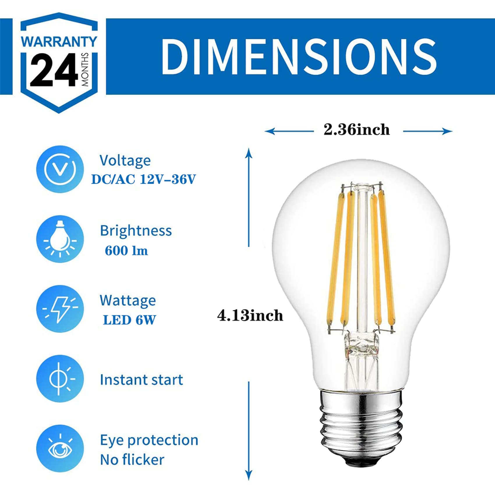 12 Volt Edison Bulb E26 12V Led Bulb Warm White 2700K 60W Equivalent, 12V 24V 36V Low Voltage Vintage Bulbs A19 12Volt Led Filam