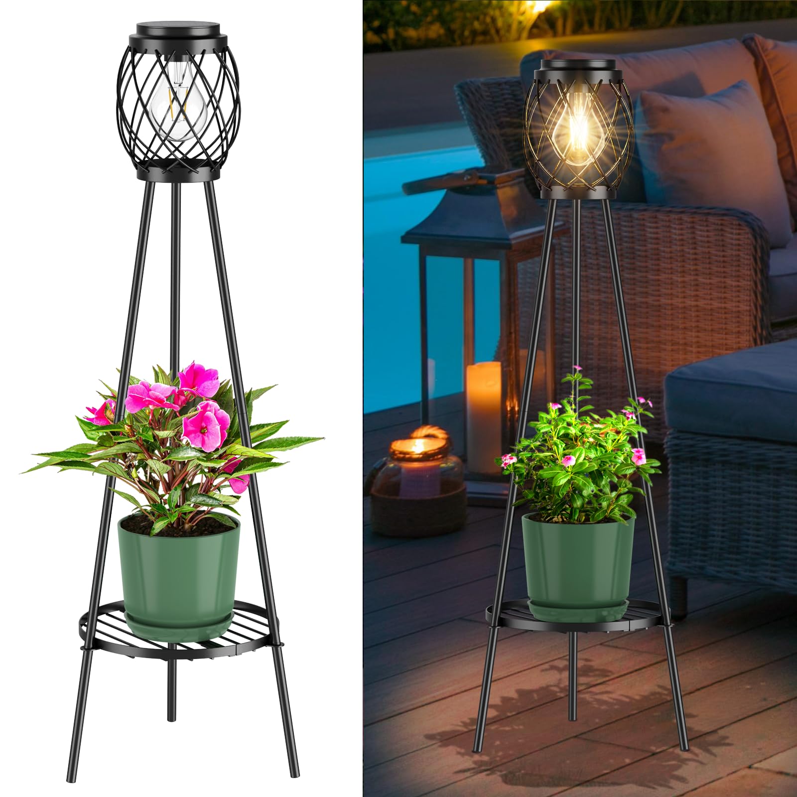 Mxwcy Solar Floor Lamp With Plant Stands,Solar Lights Outdoor With Vintage Led Edison Bulbs, Weatherproof Garden Lights For Path