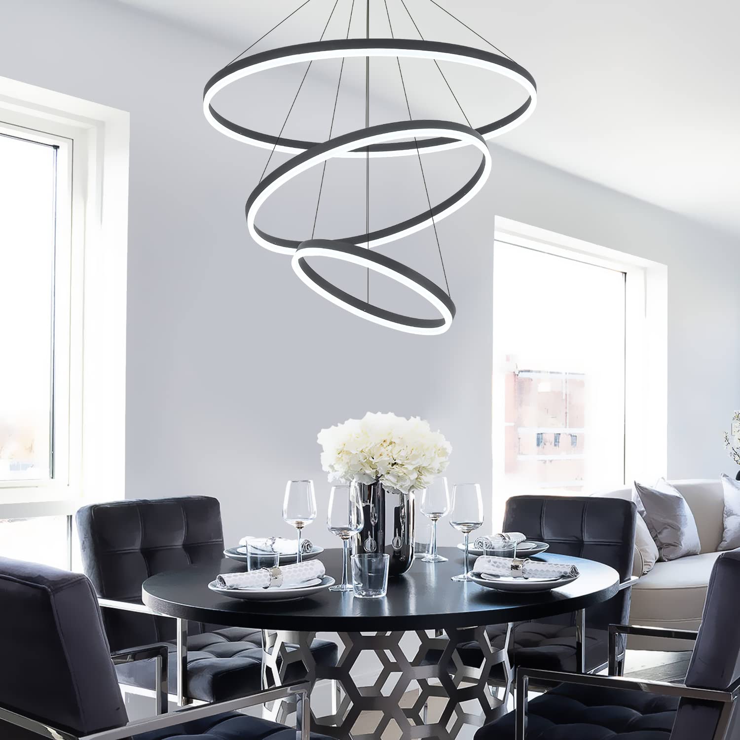 XGZL · LIGHTING Modern LED Chandelier, Dimmable 3-Rings, Black, Remote Control, 3000K-6500K for Living Room, Bedroom, Foyer