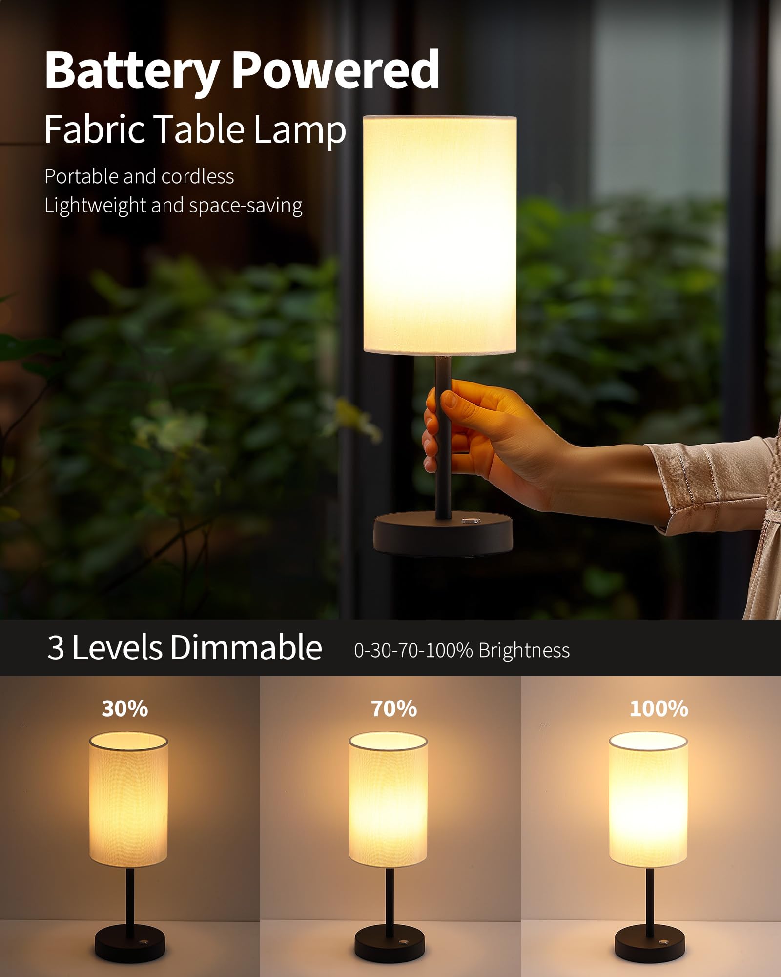 KDG Cordless Table Lamp, 3 Brightness Levels, 5x5x14.6 inches, Black + Beige Lampshade, Model AMZ-TBL-025-2-BY