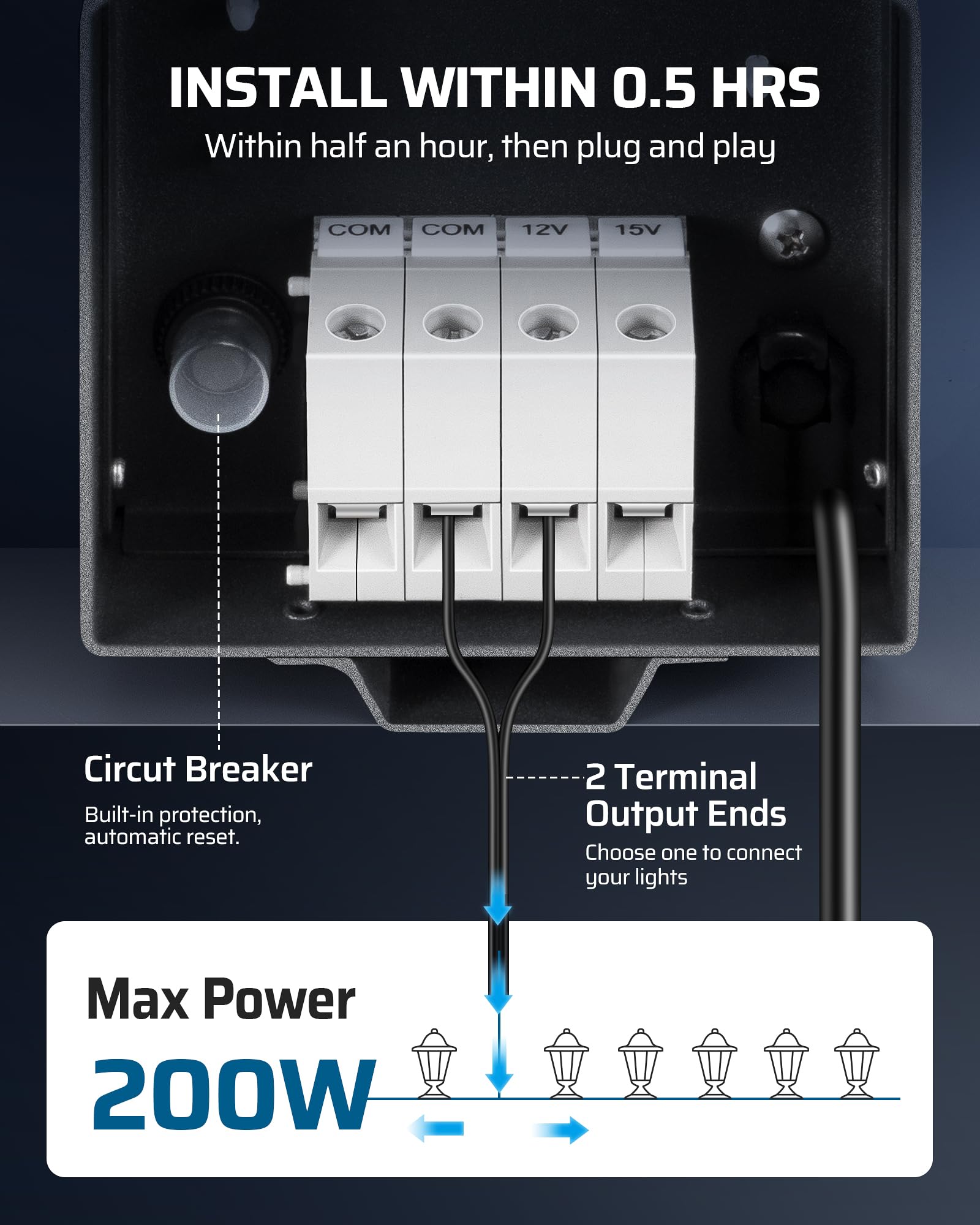 DEWENWILS 200W Weatherproof Low Voltage Landscape Lighting Transformer, 120V to 12/15V AC, Metal Low Voltage Landscape Transform