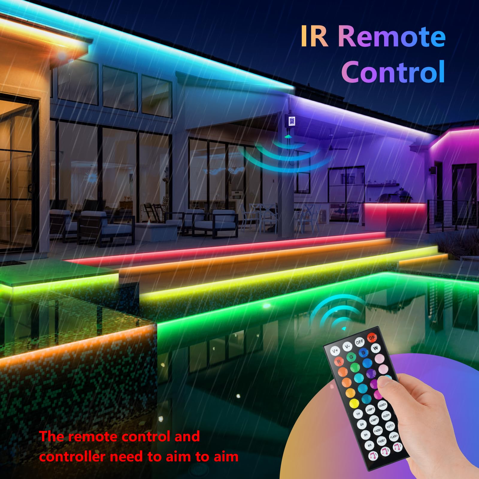 HUEMIHUI 100Ft Outdoor LED Strip Lights, Waterproof IP68, RGB Color Changing, Flexible PVC, with IR Remote & APP, Model HUEMIHUI-1