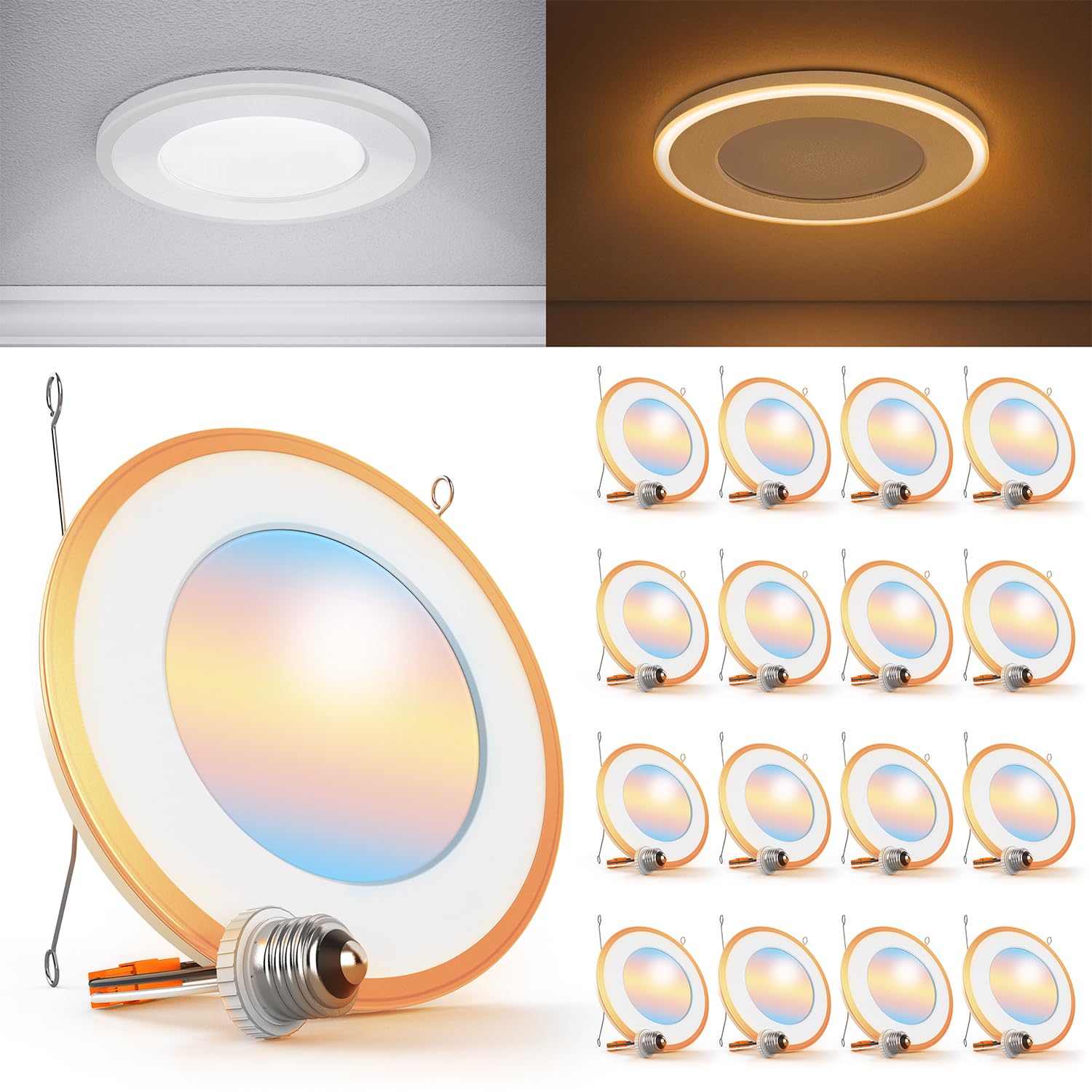 Sunco 16 Pack 6 Inch Can Lights for Ceiling LED, Flat Recessed Lighting with Night Light Retrofit Downlight, 1200 LM, 13W, Selec