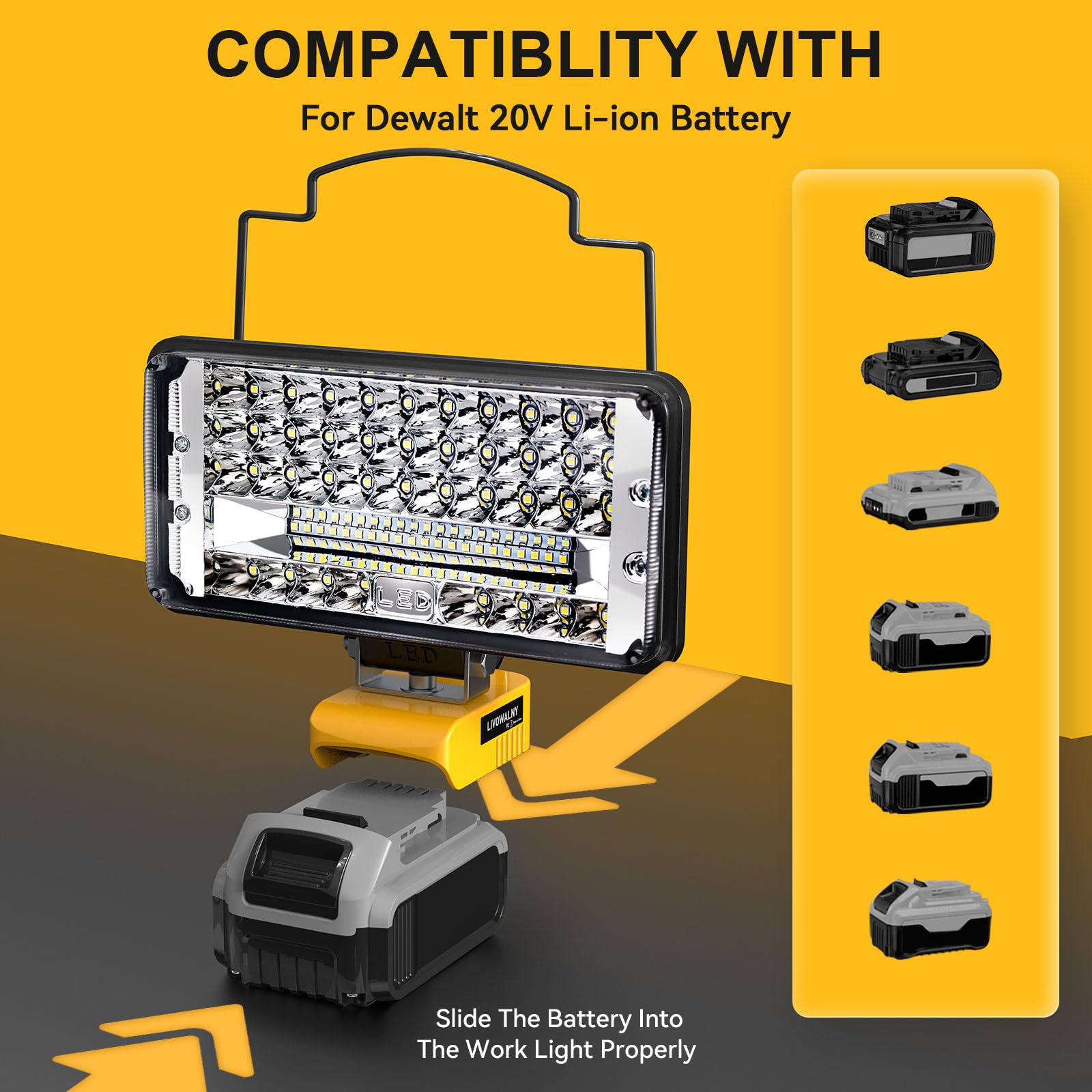 Cordless 20V Max Led Work Light For Dewalt 20V Battery, Livowalny 90W 9000Lm 7'' Battery Worklight Led Flashlights Flood Light W