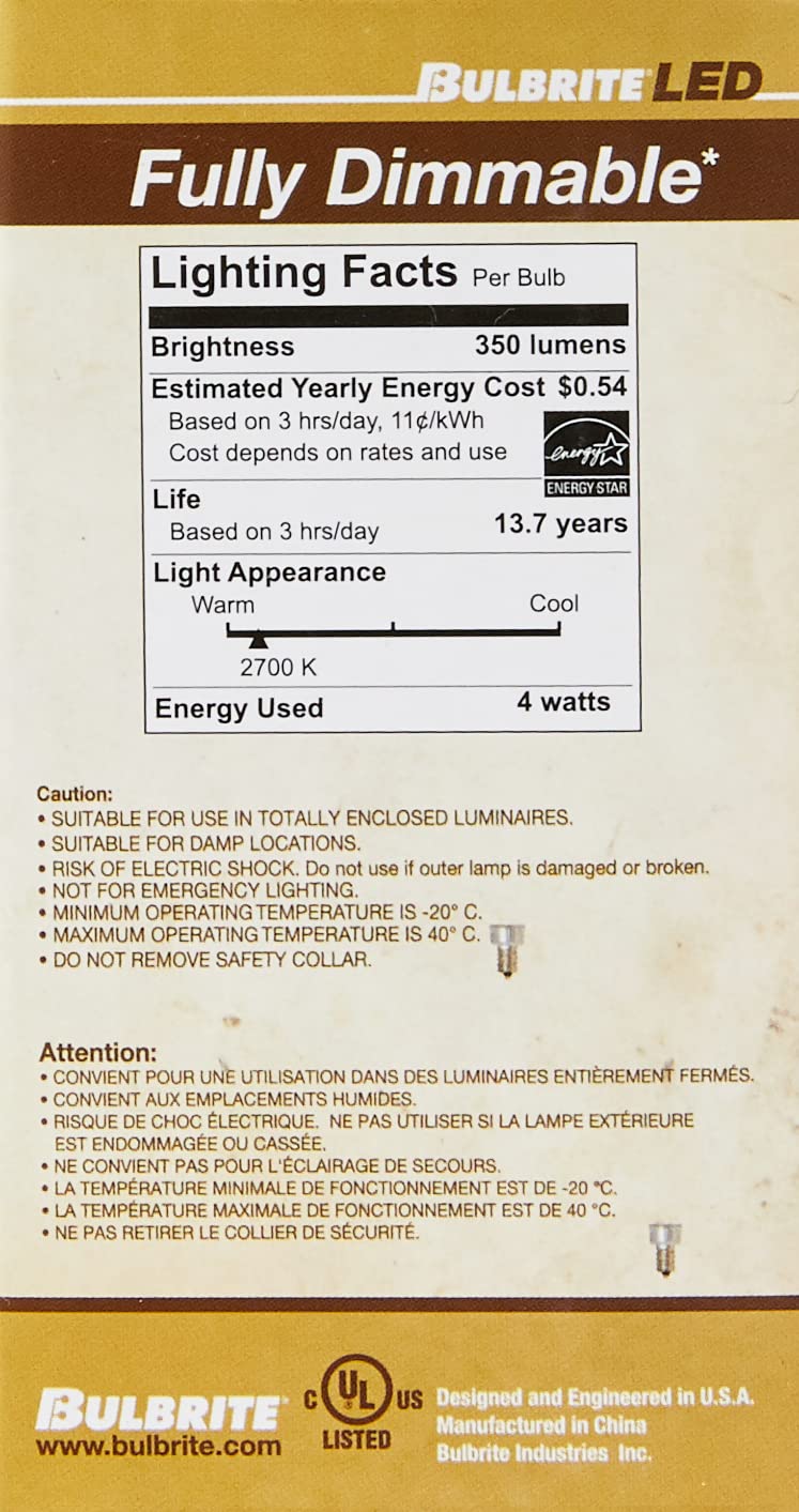 Bulbrite 776873 4 Watt Led G16 Clear Decorative Globe Candelabra (E12) Base, 2700K Light Bulb