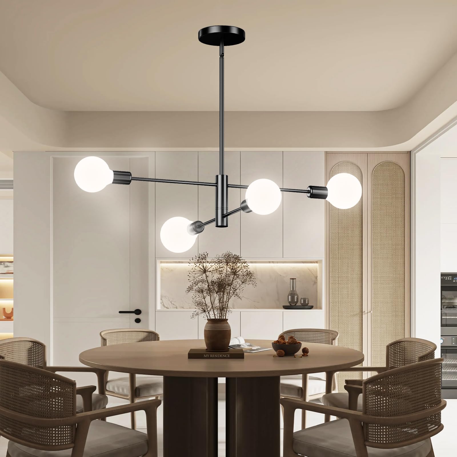 Eugitrains Modern Sputnik Chandelier 4-Light Black, Mid Century Chandelier For Living Room, Kitchen, Dining Room, Bedroom,Foyer
