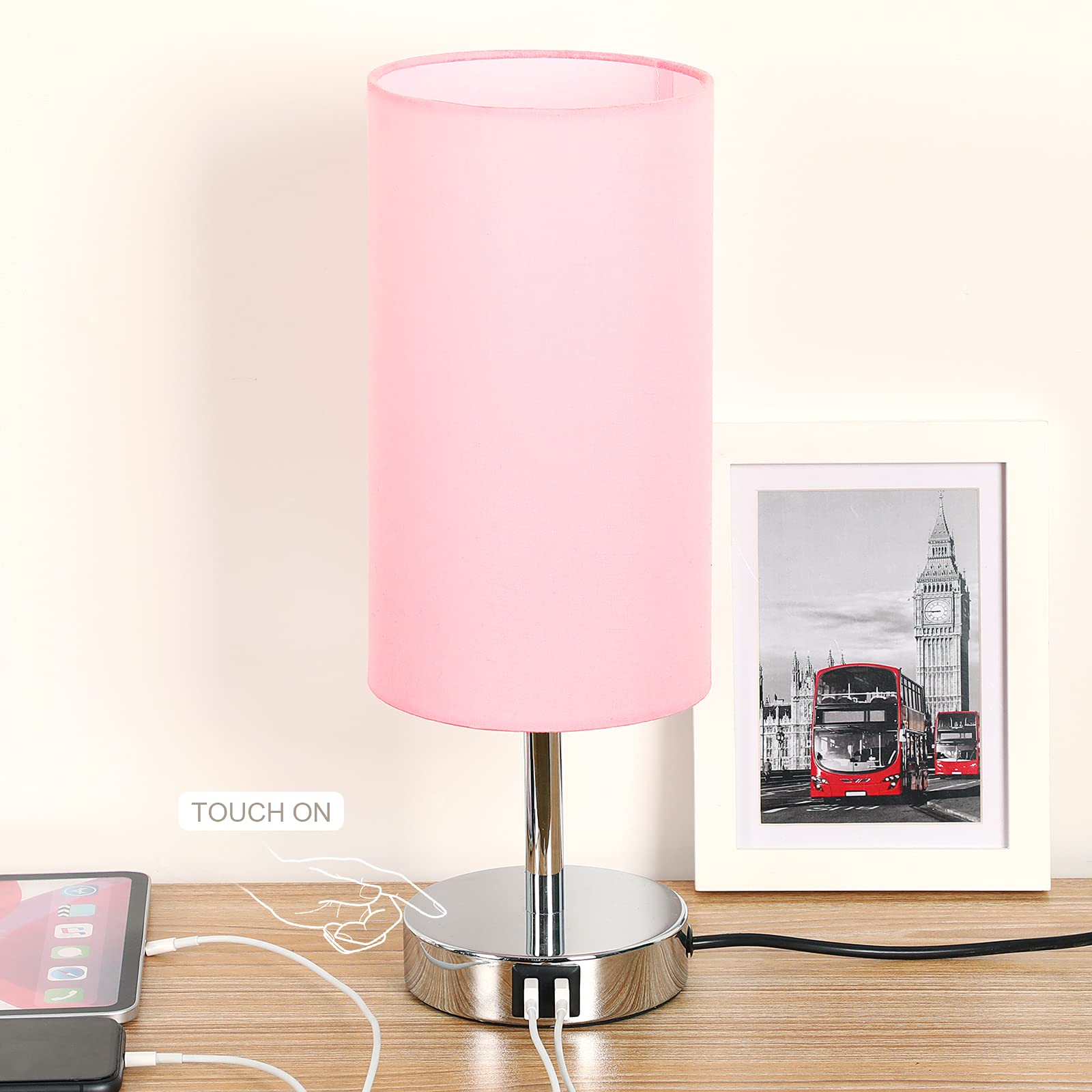 Yarra-Decor Bedside Lamp With Usb Port - Touch Control Table Lamp For Bedroom 3 Way Dimmable Nightstand Lamp With Round Pink Fabric Shade For Living Room, Dorm, Home Office (Led Bulb Included)