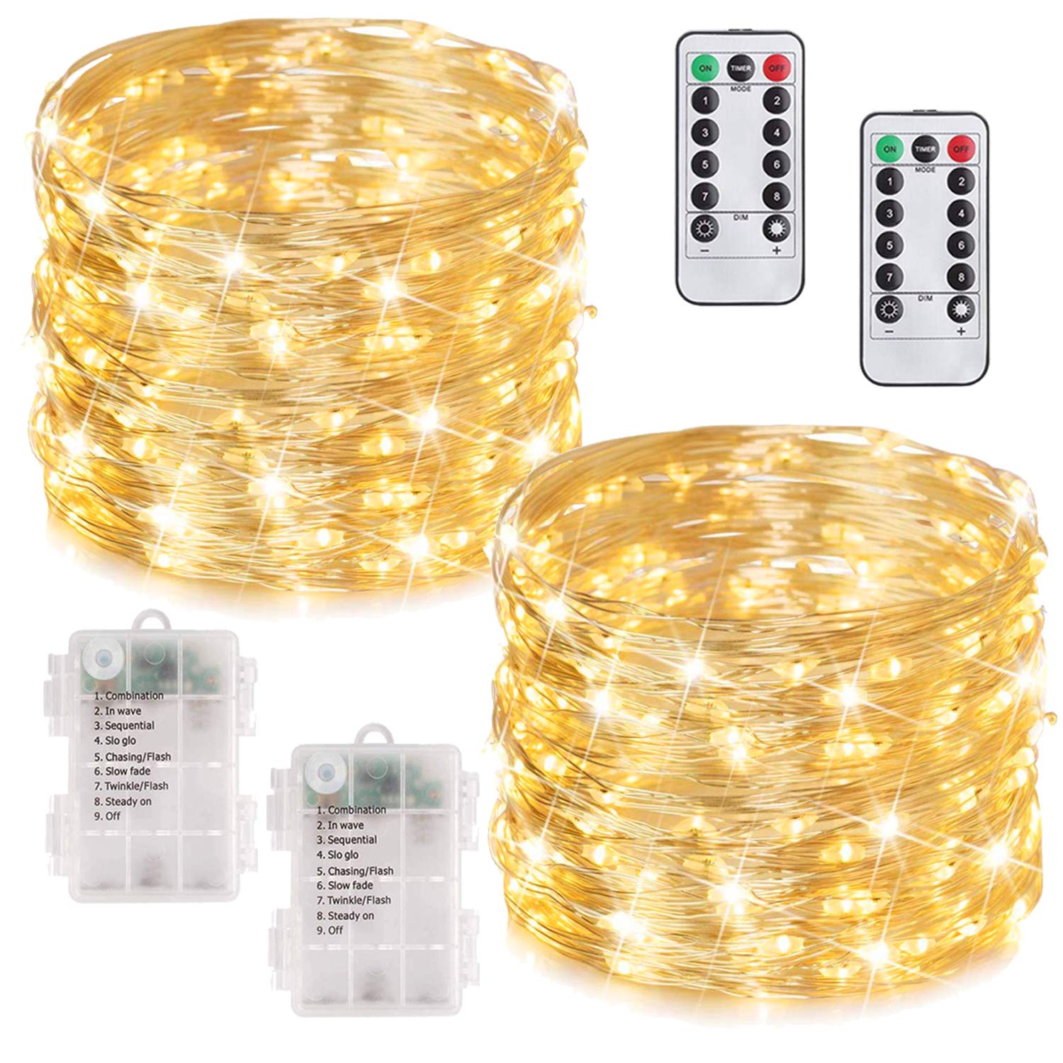 MUMUXI 2 Pack 33 ft Remote Control Fairy Lights Battery Operated String with Timer, 100 LED Christimas Twinkle Waterproof Silver