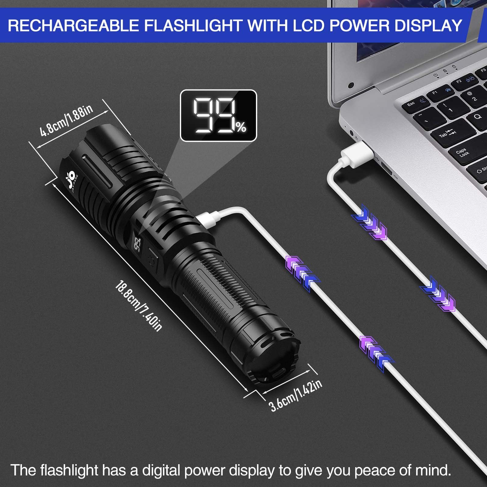 Jay-Park Rechargeable Flashlights 1000000 Lumen, Led Flashlight With Digital Power Display And Zoomable, Flashlights High Lumen Super Bright Long Distance For Camping, Bushcraft, Outdoor