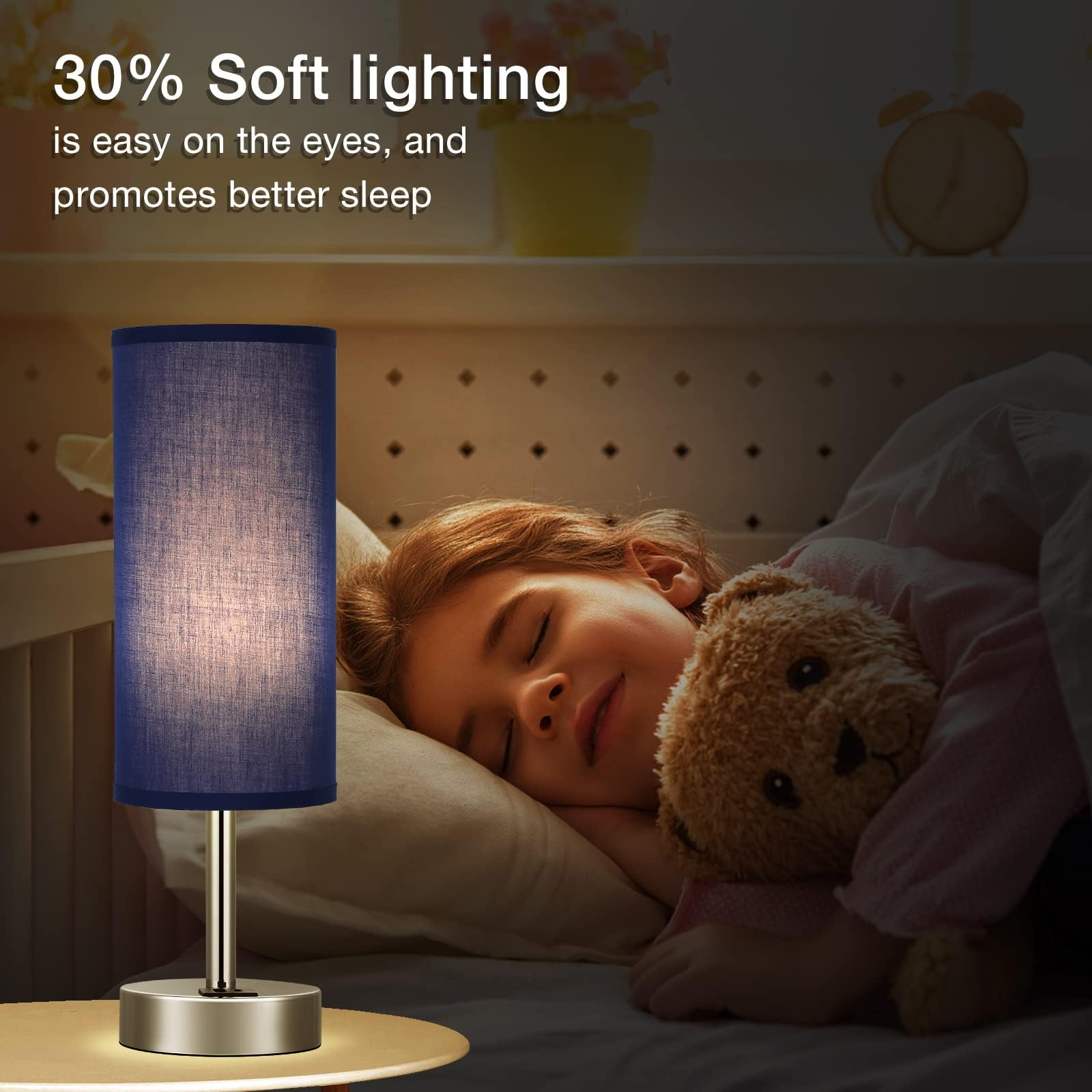Navy Blue Touch Lamp For Boys - Small Nightstand Lamp With Usb-C And Usb Charging Ports, 3 Way Dimmable Bedside Table Lamp With