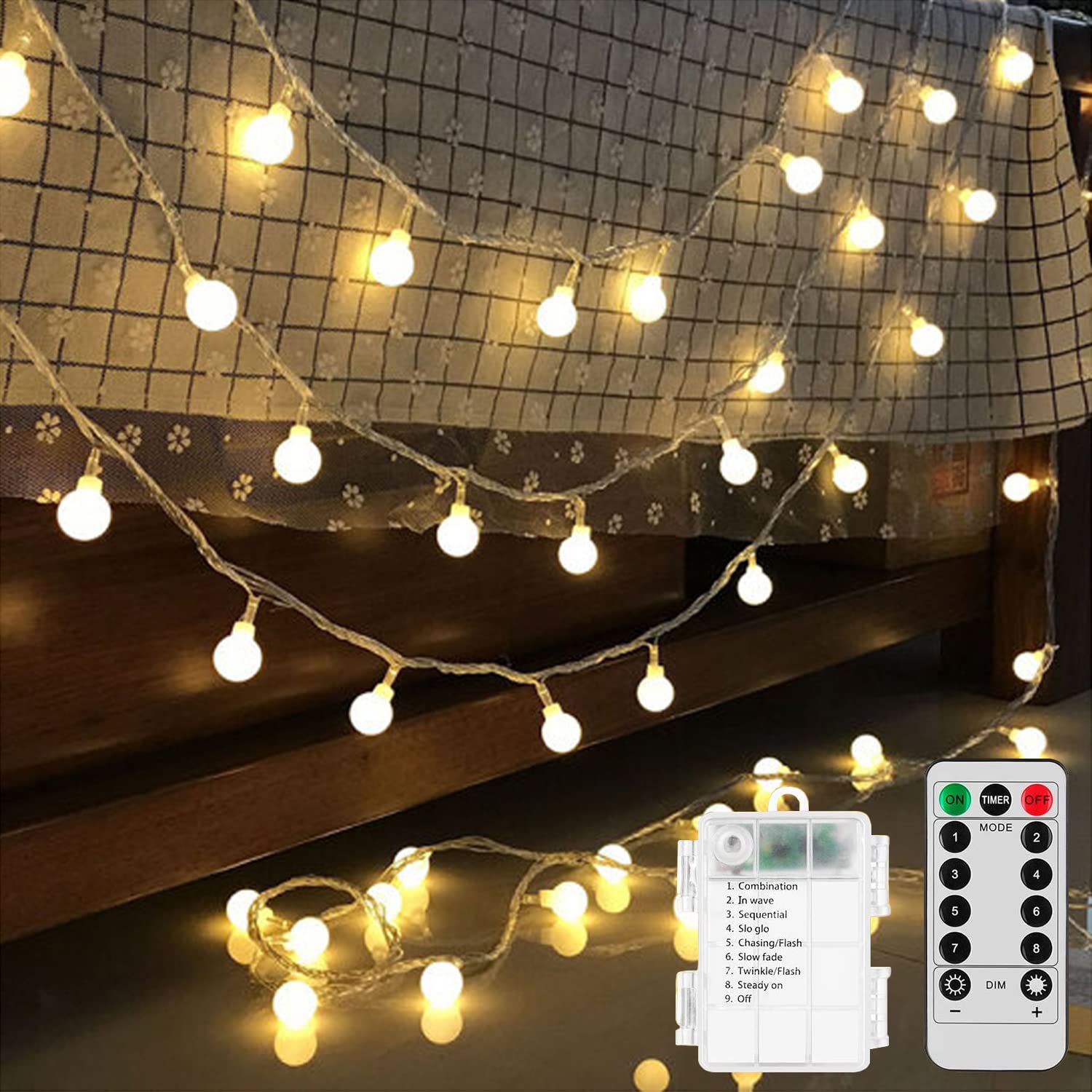 Ghustar Battery Operated Led Globe String Lights, 52Ft 120Leds, Warm White, 8 Modes, Waterproof, Remote For Home & Party Decor