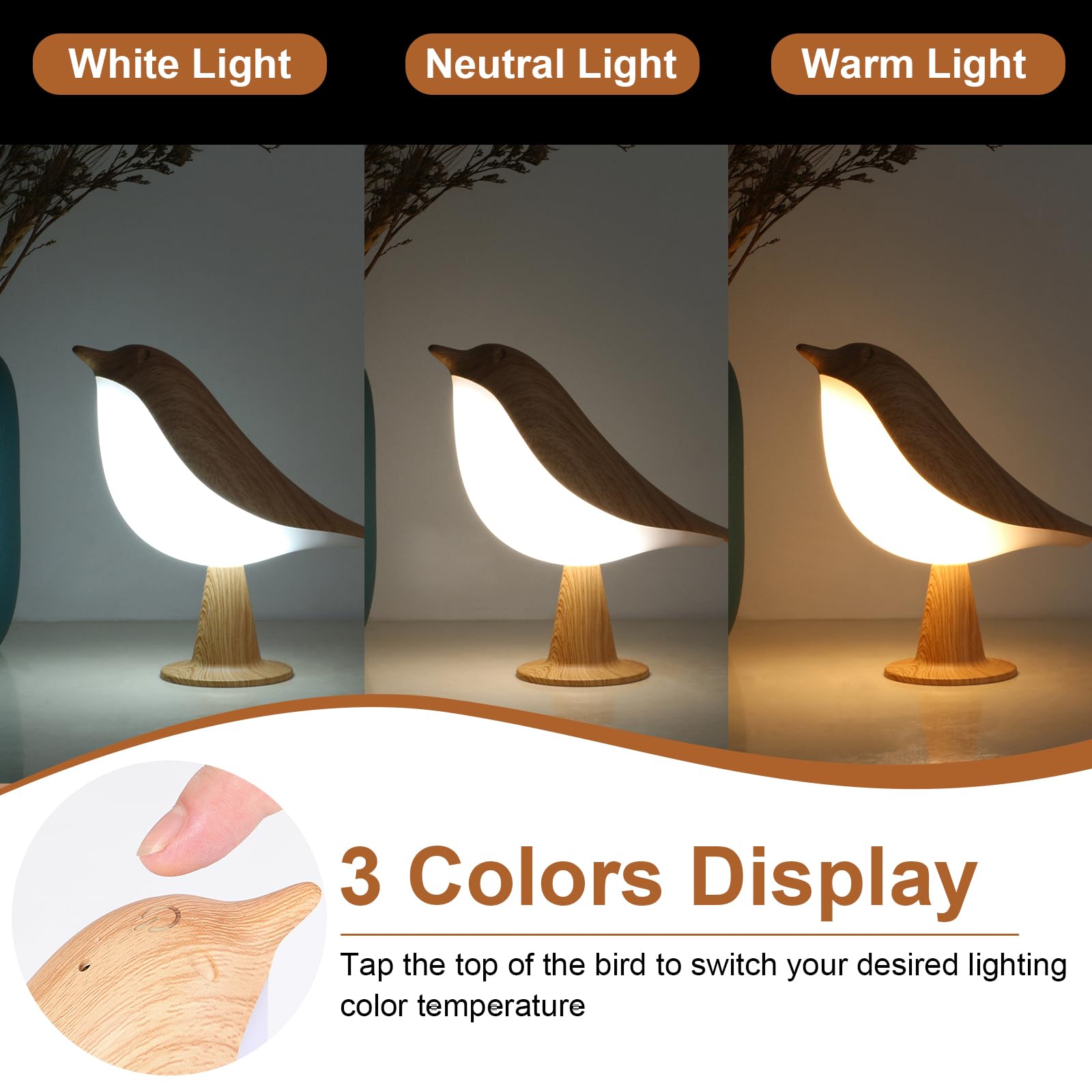 VoMii Bird Lamp 2-Pack - Dimmable Touch Table Lamps, USB Rechargeable, Maple Color, Adorable Night Light for Kids and Adults
