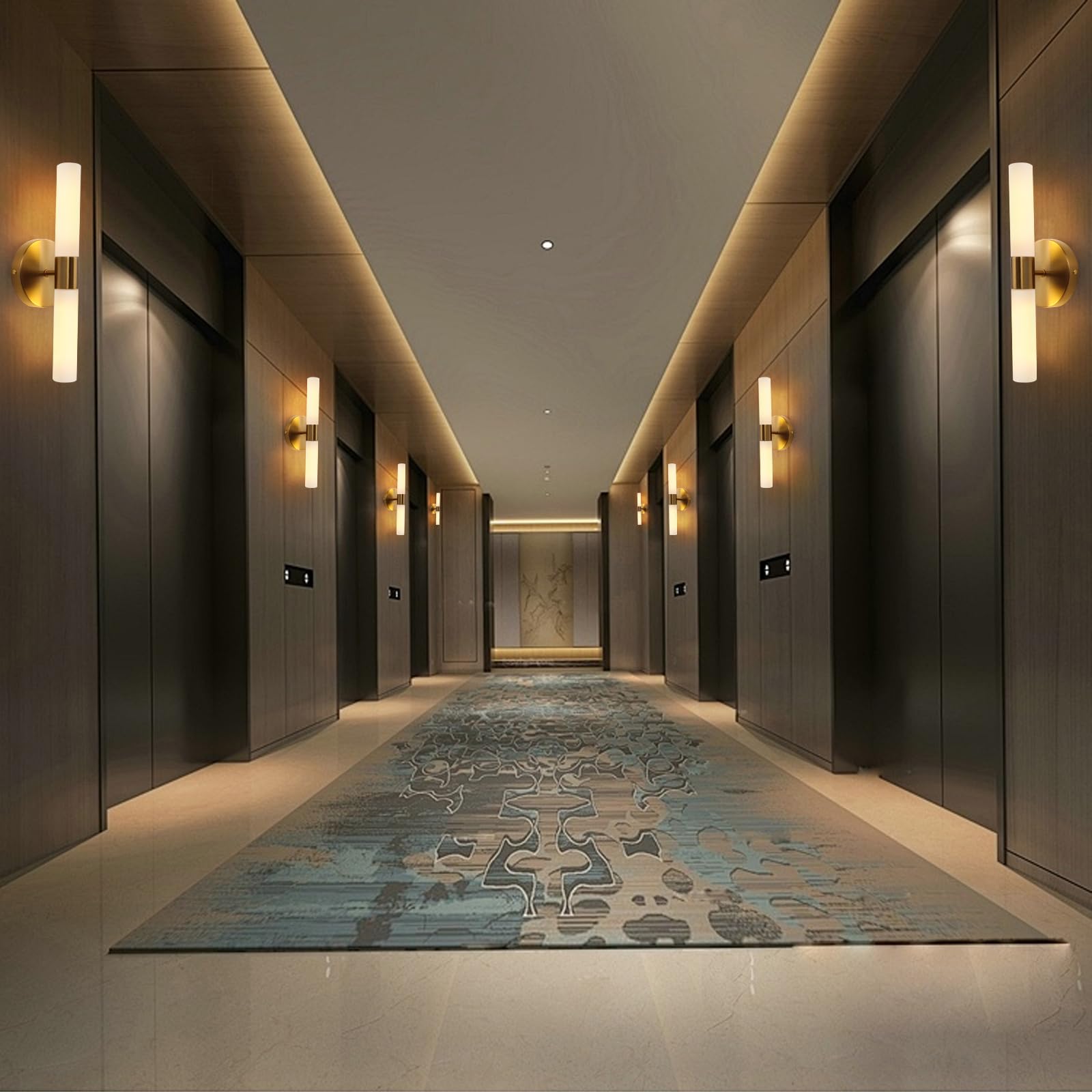 KUZZULL Wall Sconces Set of Two Modern Brushed Brass Gold Iron + White Glass 14in Bathroom Lighting