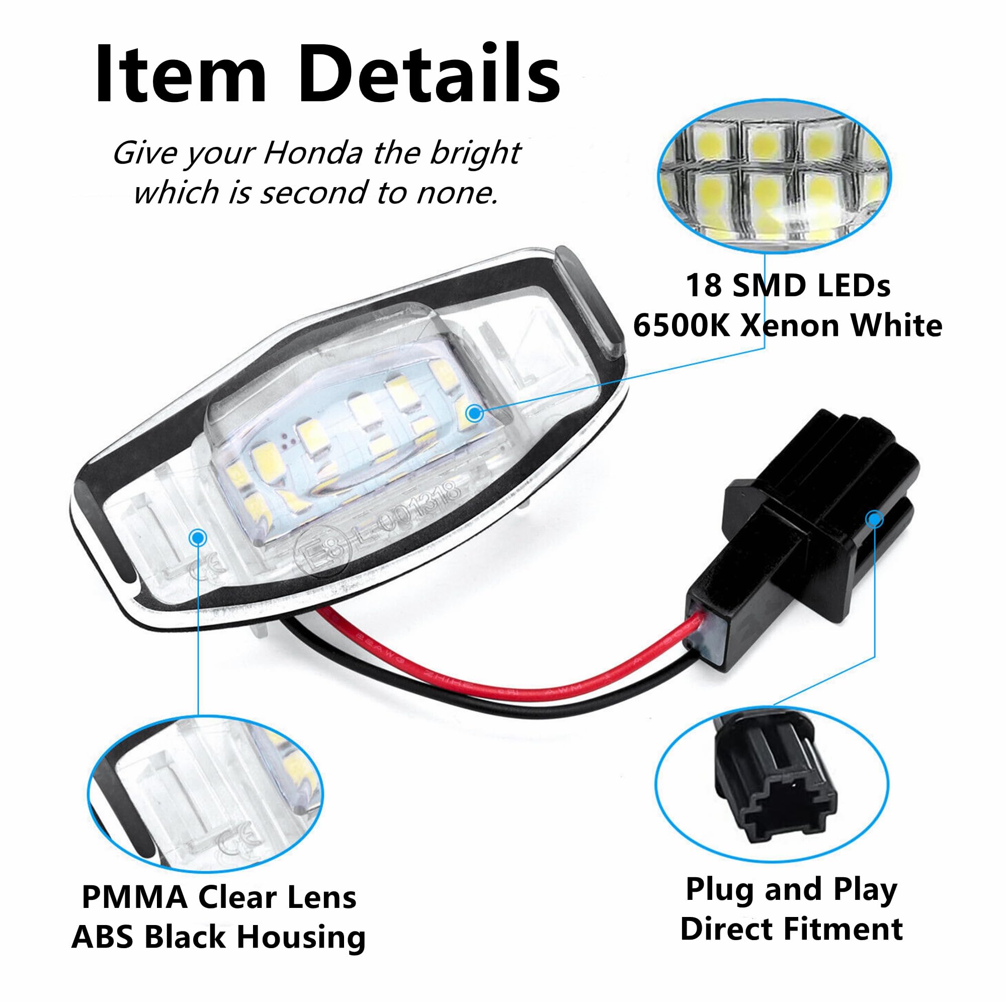 Yankok Led License Plate Lights For [Honda Civic 2001-2015] [Accord 2003-2017] [Pilot City Mk4 Mr-V 2003-2008] [Odyssey 2000-2004] [Acura Mdx Rl Tl Tsx Ilx Rdx] 6500K Xenon White Replacement