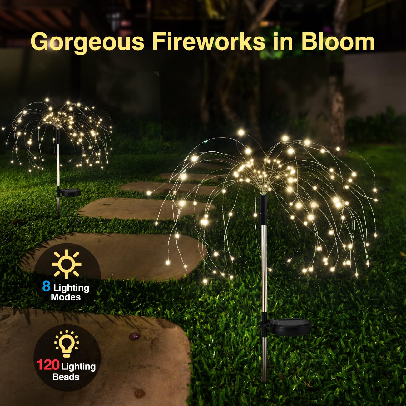 Lewondr Firework Waterproof Led Solar Lights - 120 Led Outdoor Warmer Starburst Garden Decor With 8 Modes