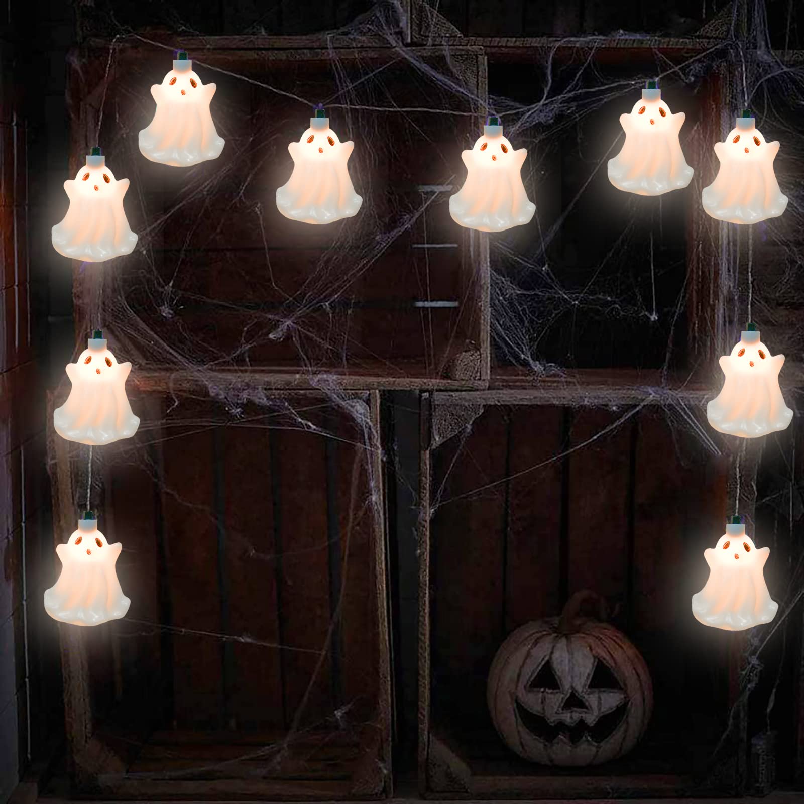 Halloween Ghost String Lights, 8.5Ft Outdoor Halloween String Lights With 10 Led White Ghost Light, Halloween Ghost Lights For Patio, Garden, Halloween Party, Carnival Decoration
