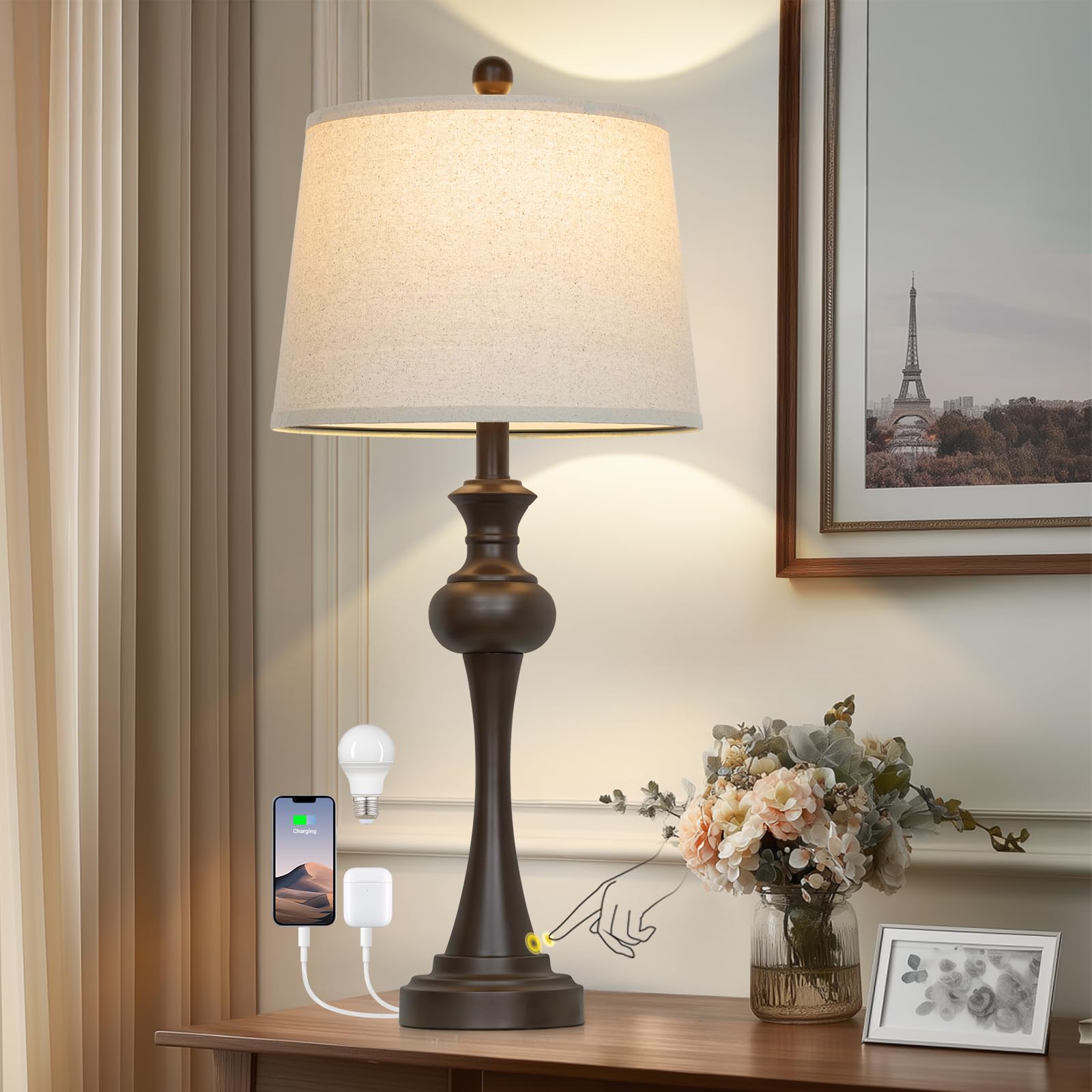 CINSARY 29 Tall Brown Table Lamp  3-Way Dimmable Touch Control Bedside Lamp with USB A+C & AC Outlet for Bedroom  Living Room (1 Pack)