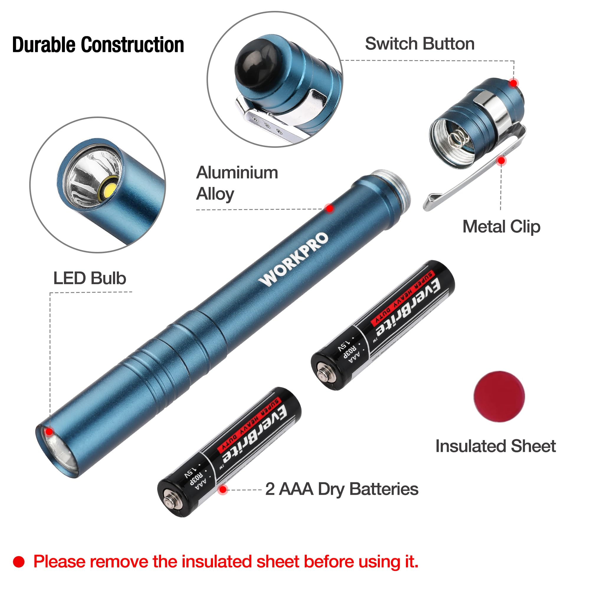 WORKPRO LED Pen Light - Aluminum Pocket Flashlight with Clip, Blue, Model W139011, 4-Pack, 2AAA Batteries Included