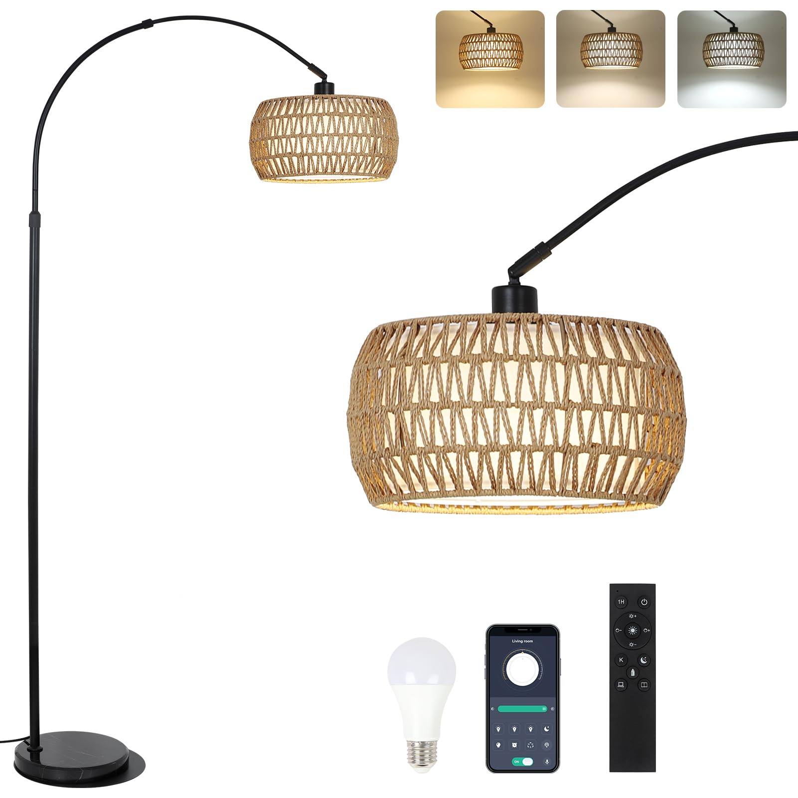 Arc Floor Lamps for Living Room with 3 Color Temperatures, Black Standing Lamp with Remote & Dimmable LED Bulb, Rattan Boho Floo