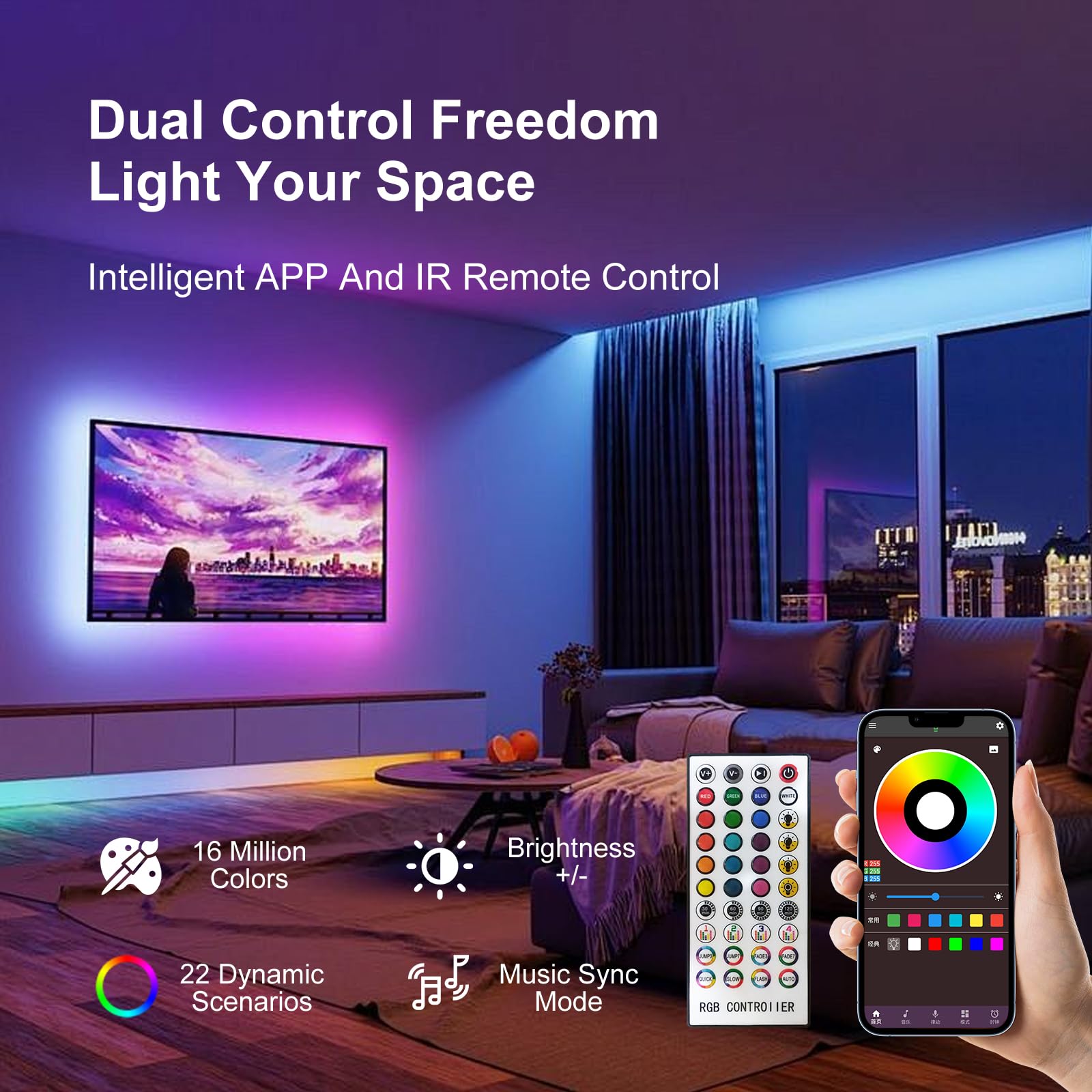 FBY 50 FT LED Strip Lights, Multicolor RGB, Bluetooth Remote Control, Music Sync, for Bedroom and Party Decoration