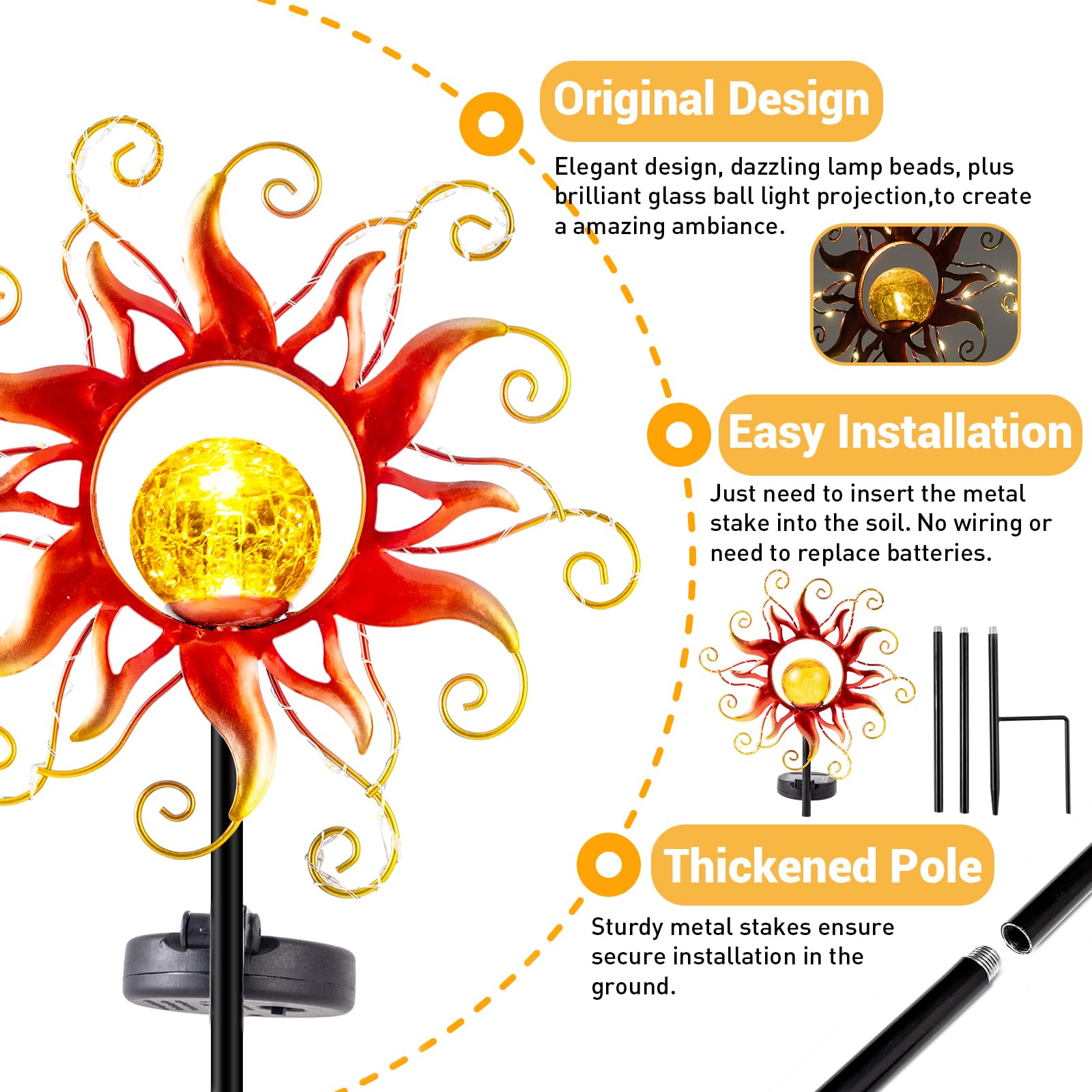 Kacux Solar Outdoor Lights - Waterproof Red Metal Crackle Glass Stake for Garden, Yard, Patio, Walkway - Model TYD-Red-01