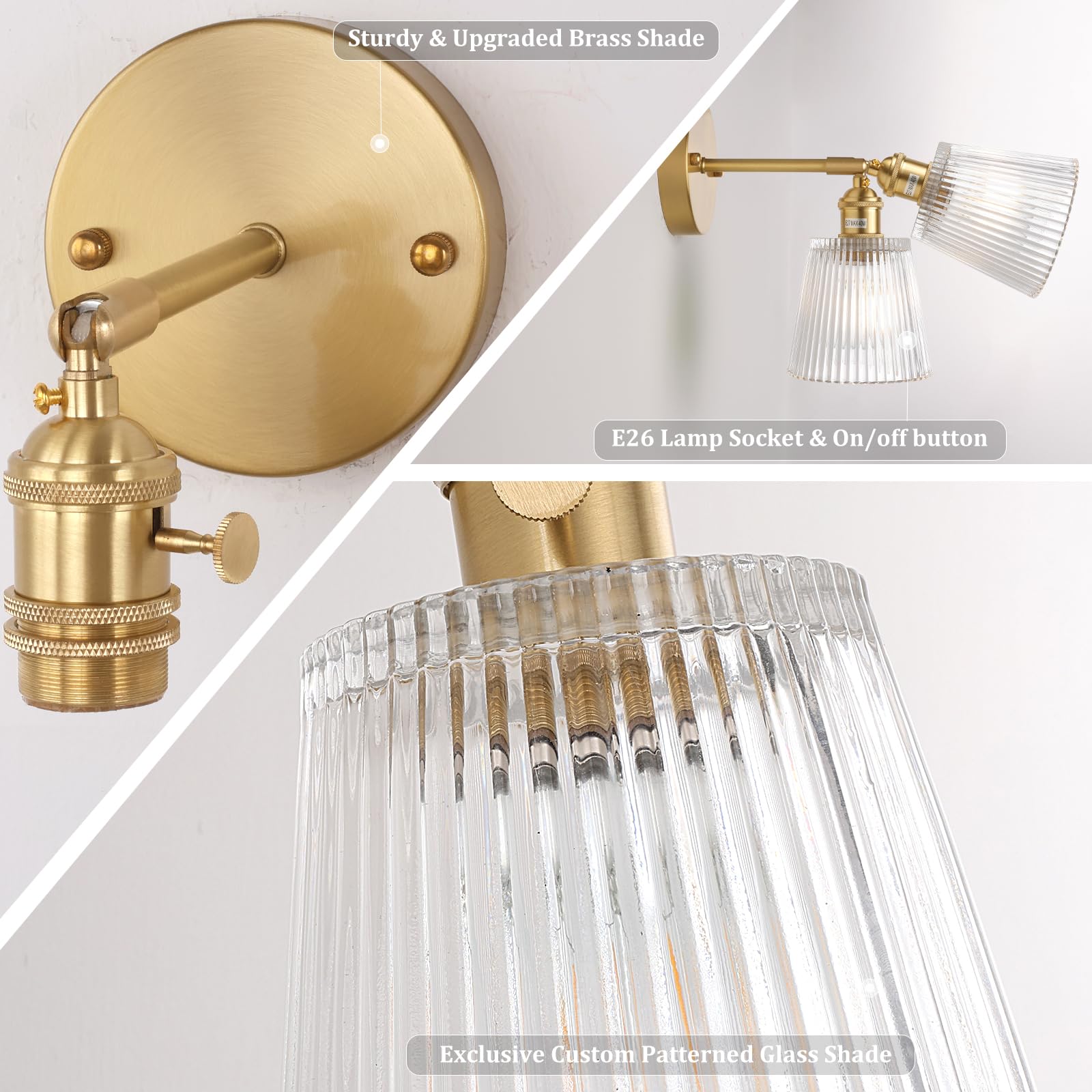 Shenmoyl Vintage Wall Sconces Set of 2, 180° Adjustable Brass, Glass Lampshade, Hardwired, Stripe Clear, Model 1-9415