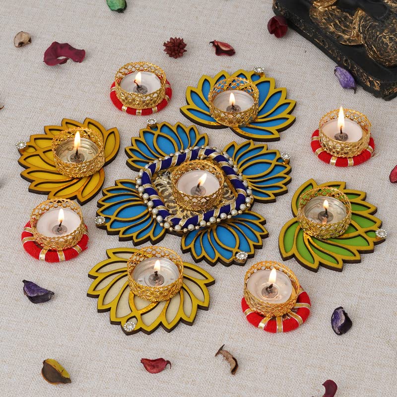 Sanvatsar Home Decorative Lotus Rangoli & Lotus Diya Set | Corporate Gift, Diwali Gift, Diya for puja Home Decoration Light Diya