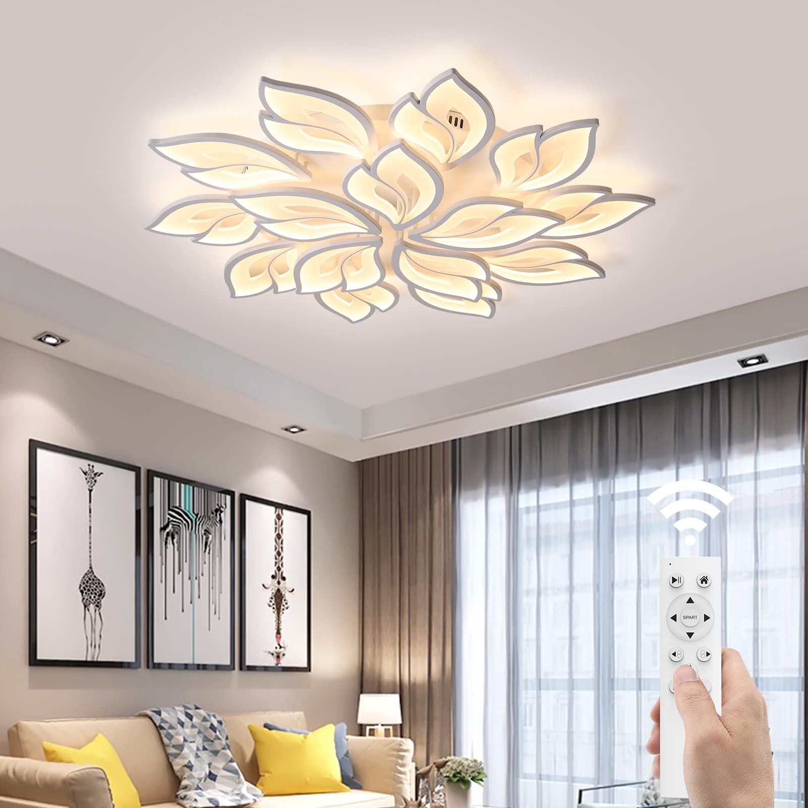 JAYMP Dimmable Flower Shaped Ceiling Light 39.4" LED Fixture, Remote Control, White/15 Petals, Model GB6105