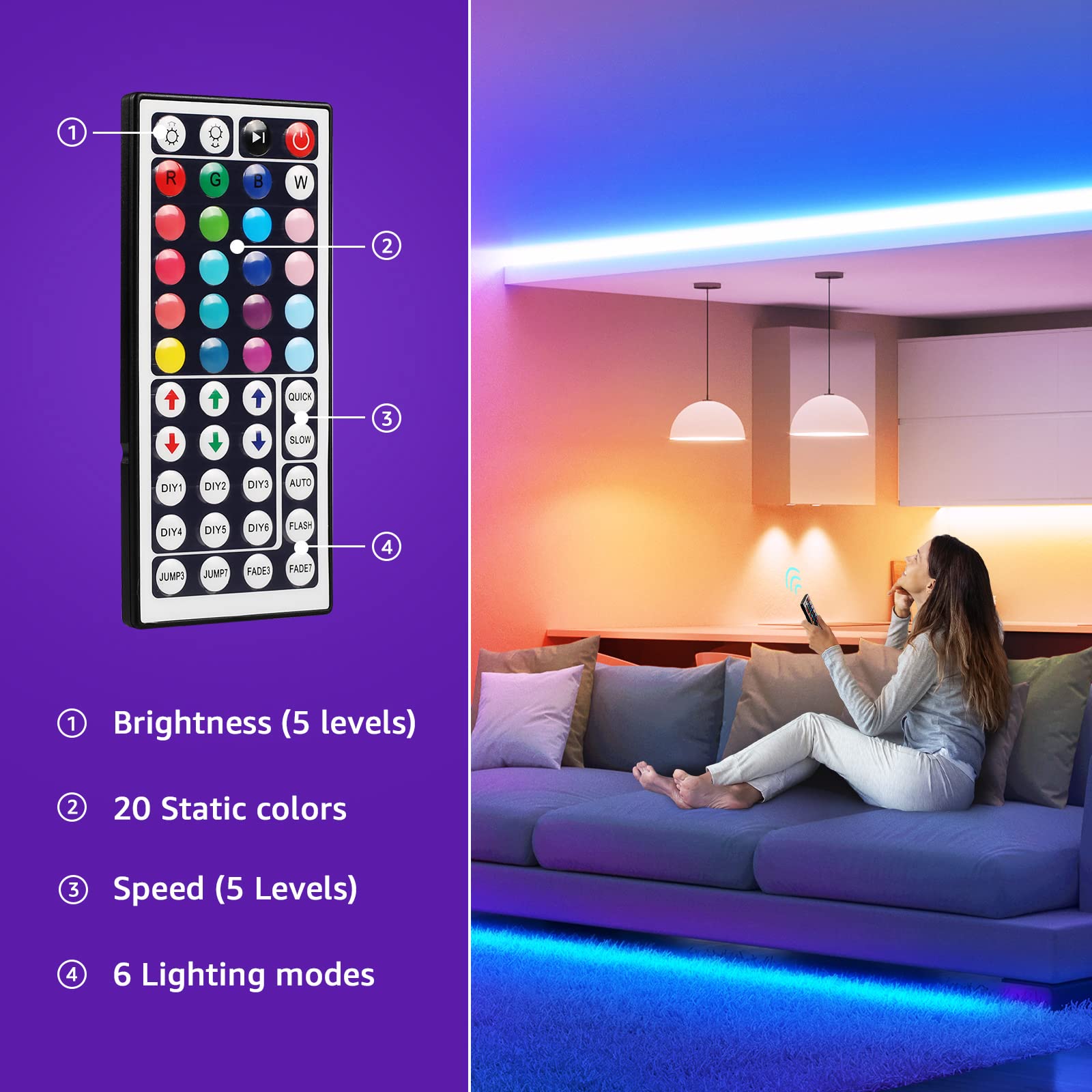 Lepro LED Strip Lights, RGB 5050 Color Changing Tape Light, 16.4 ft with Remote Controller for Room, Bedroom, TV, Kitchen